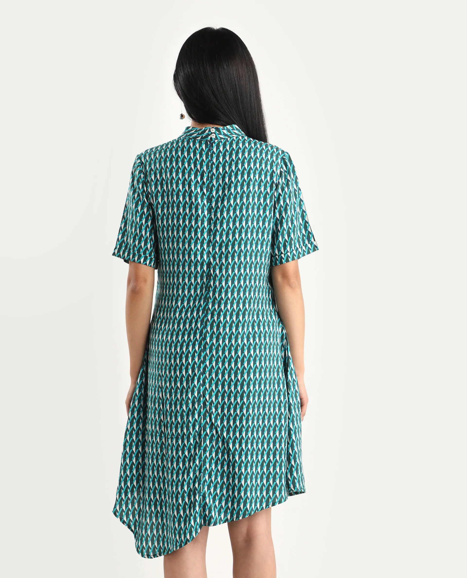 Rareism Women's Mello Blue Viscose High Neck Geometric Print Knee Length Regular Fit Dress