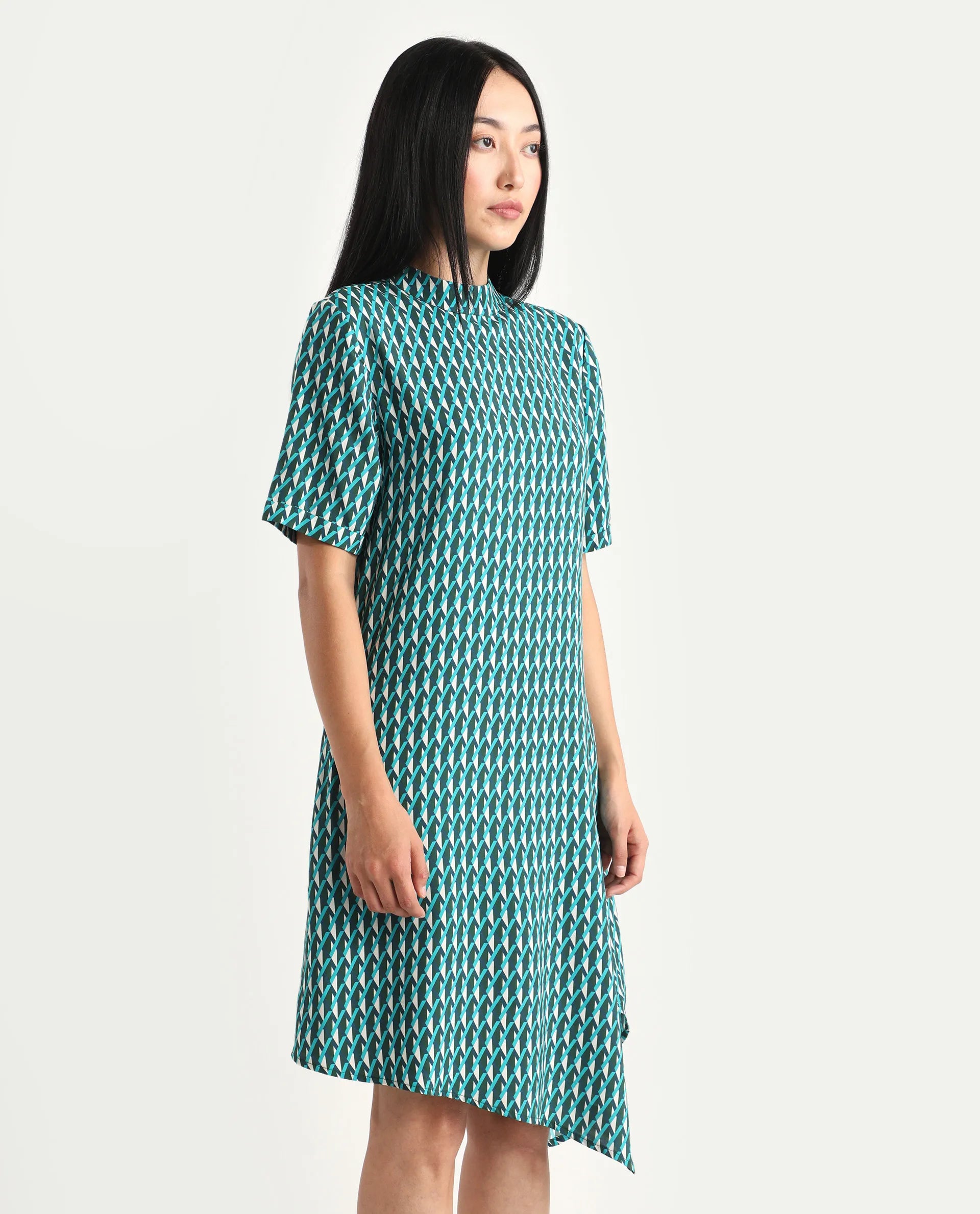 Rareism Women's Mello Blue Viscose High Neck Geometric Print Knee Length Regular Fit Dress