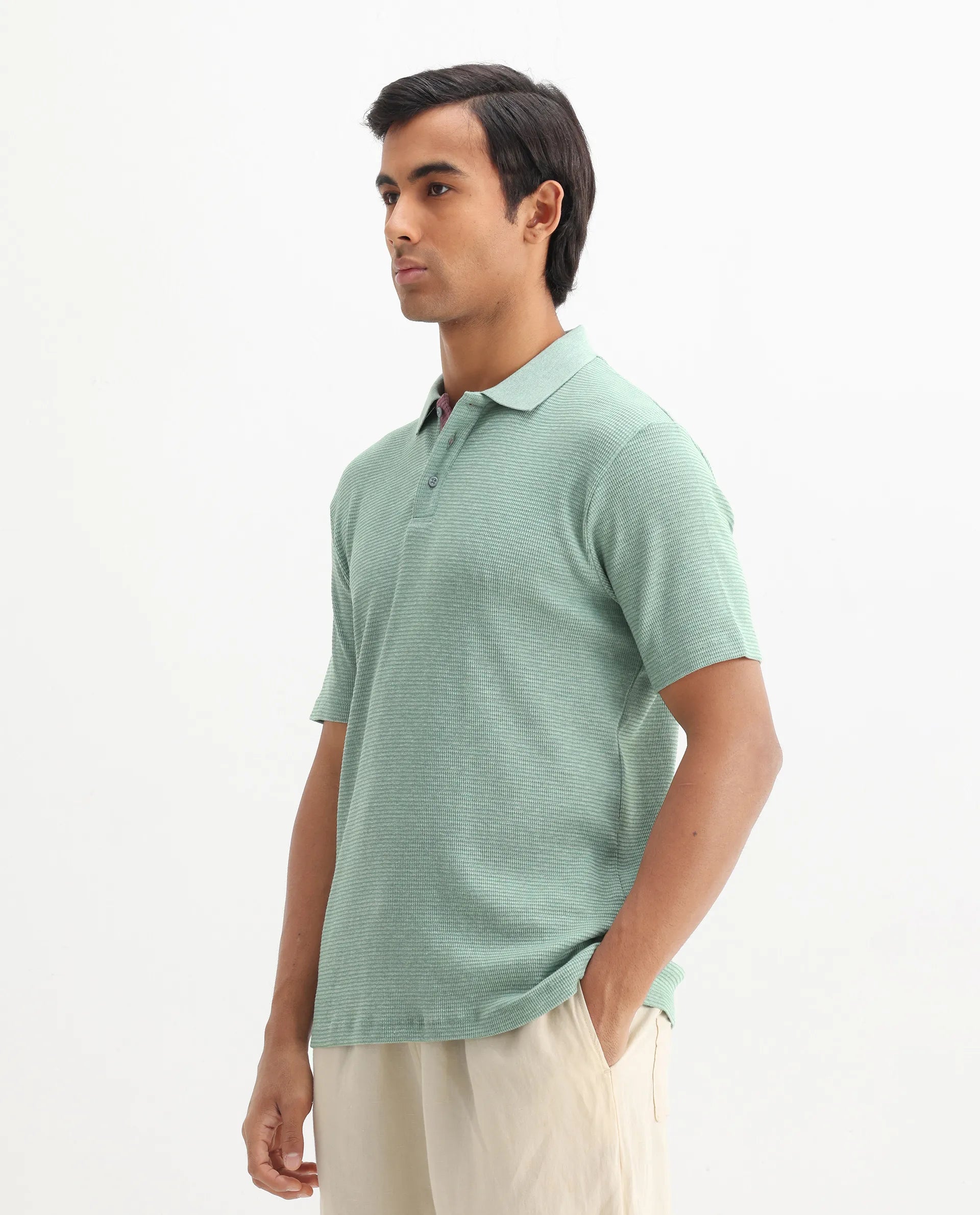 Rare Rabbit Men's Mello Dusky Green Cotton Plain Regular Fit Half Sleeve Polo