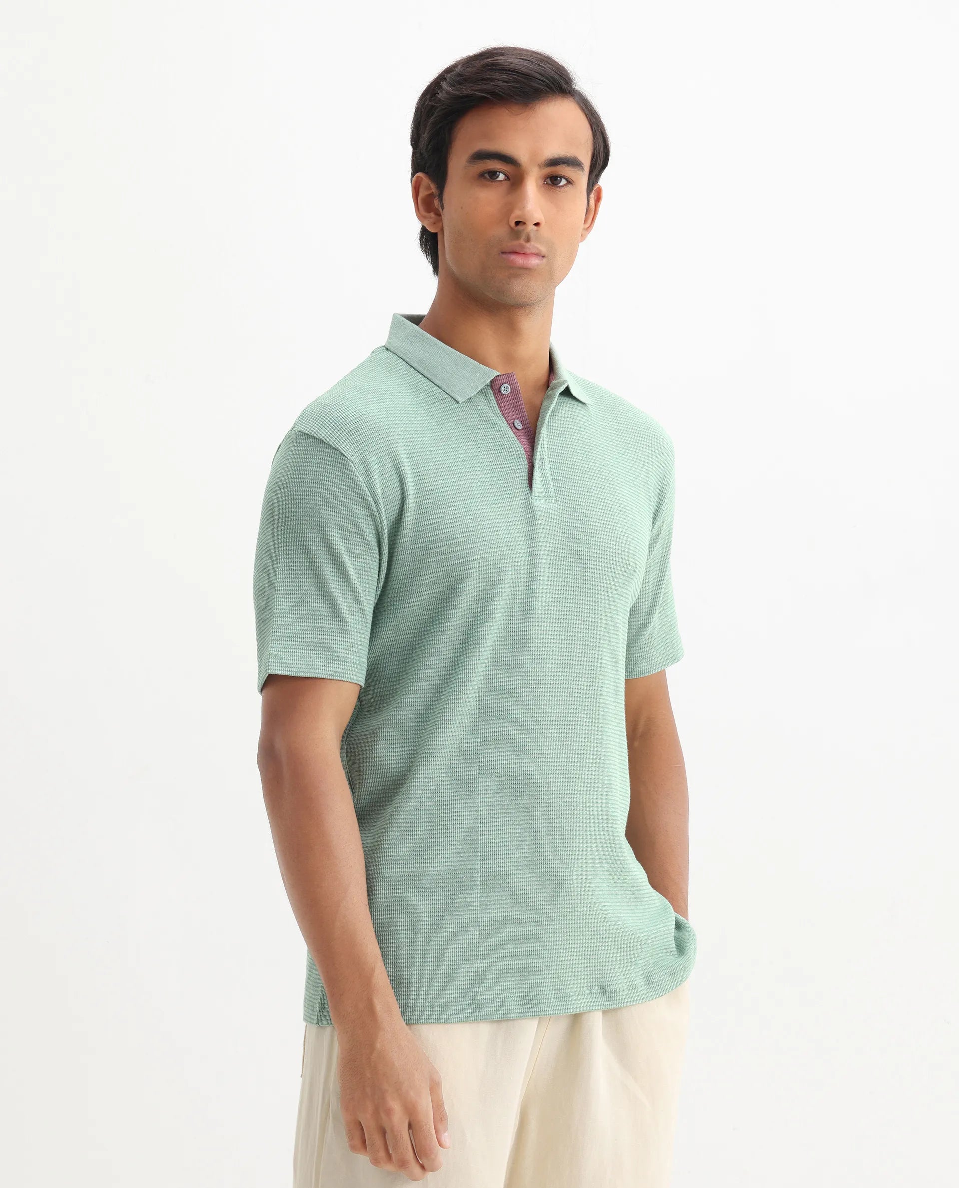 Rare Rabbit Men's Mello Dusky Green Cotton Plain Regular Fit Half Sleeve Polo