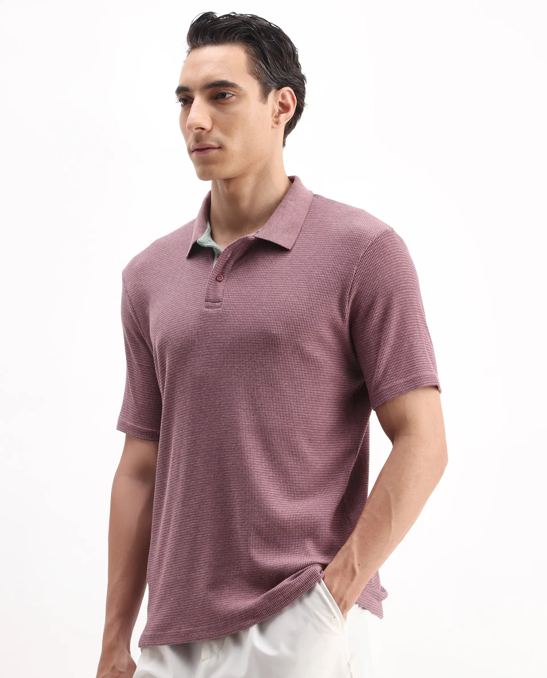 Rare Rabbit Men's Mello Dusky Pink Cotton Plain Regular Fit Half Sleeve Polo