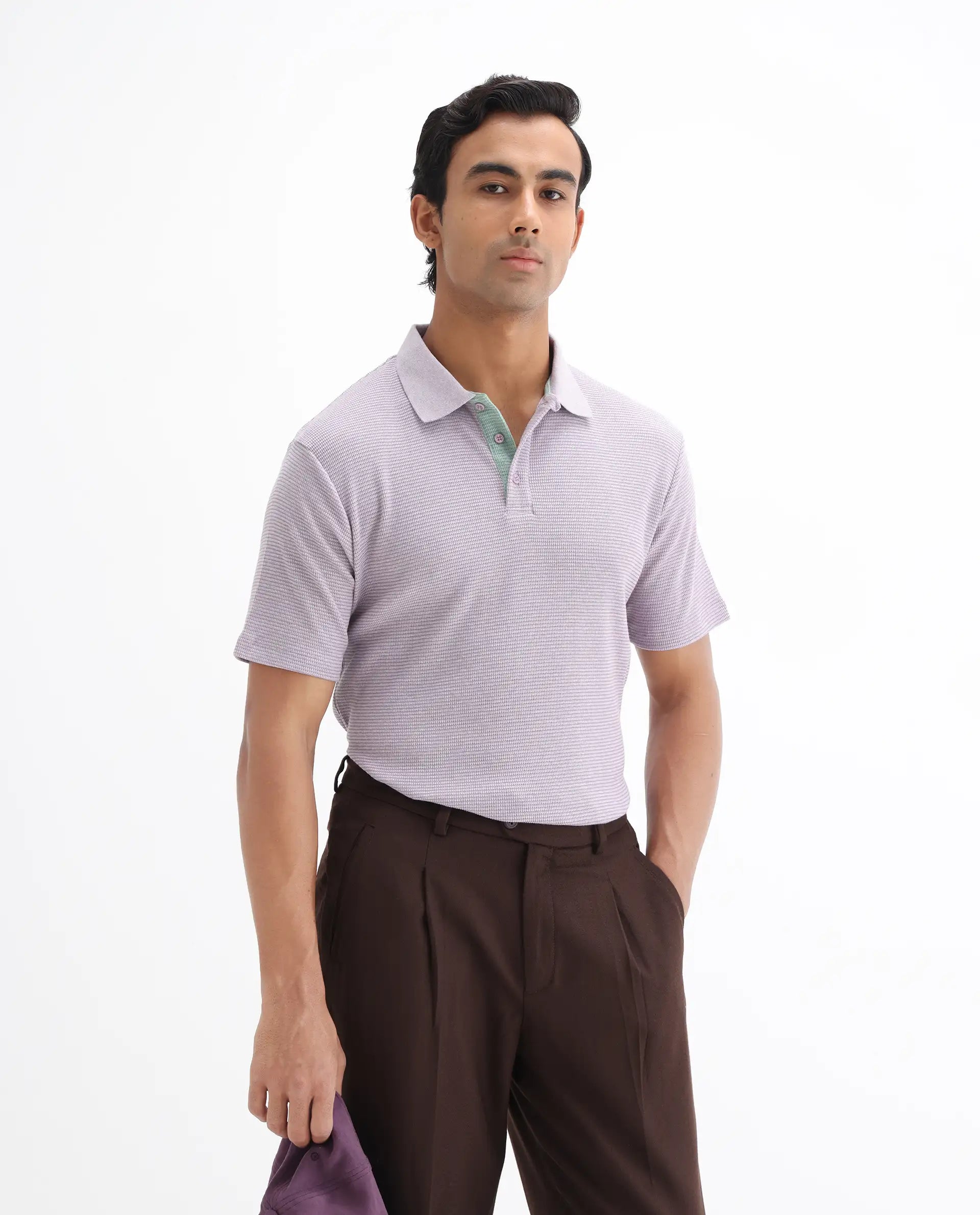 Rare Rabbit Men's Mello Dusky Purple Cotton Plain Regular Fit Half Sleeve Polo