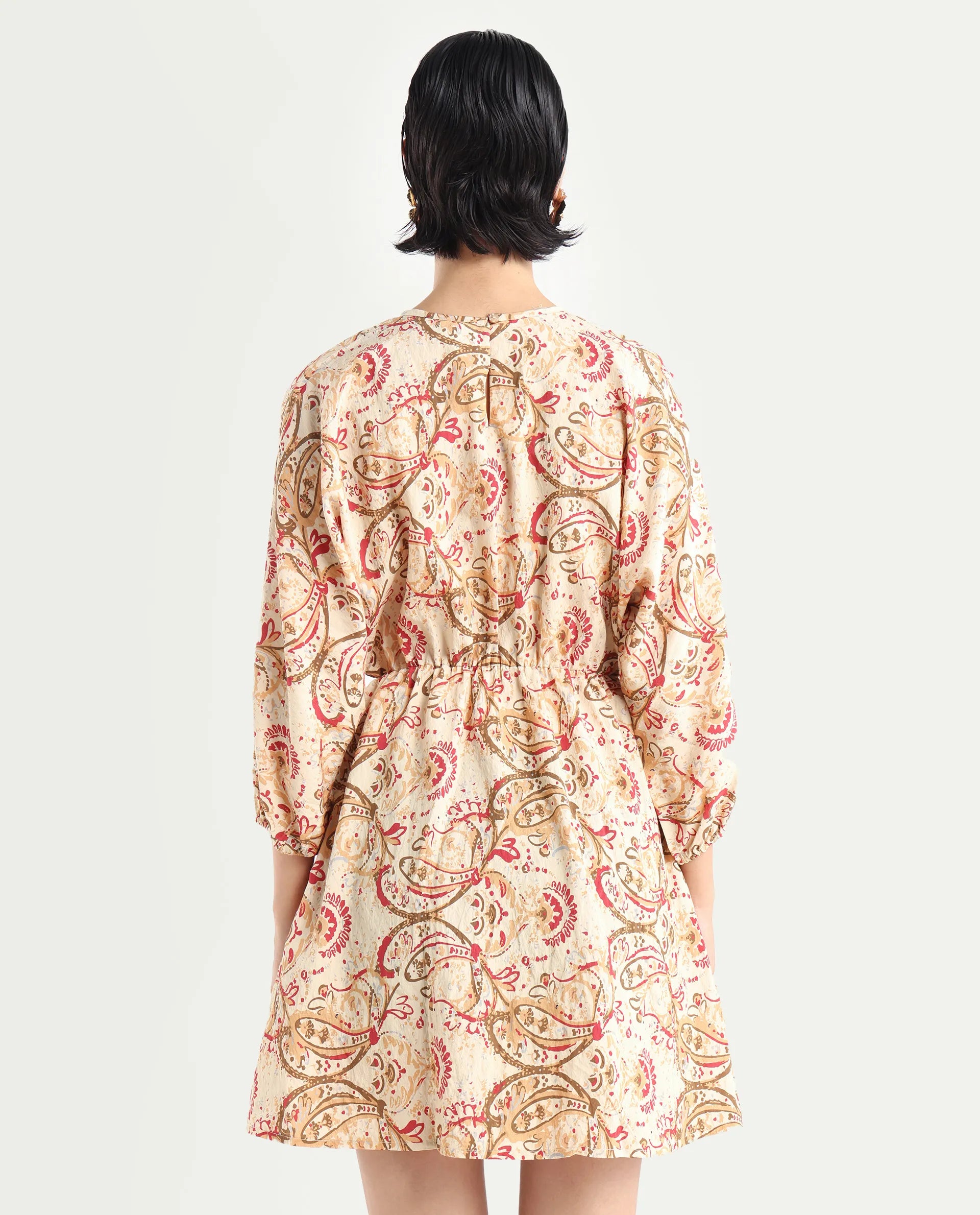 Rareism Women's Mellona Multi Polyester Round Neck Paisley Print Mini Fit And Flare Dress