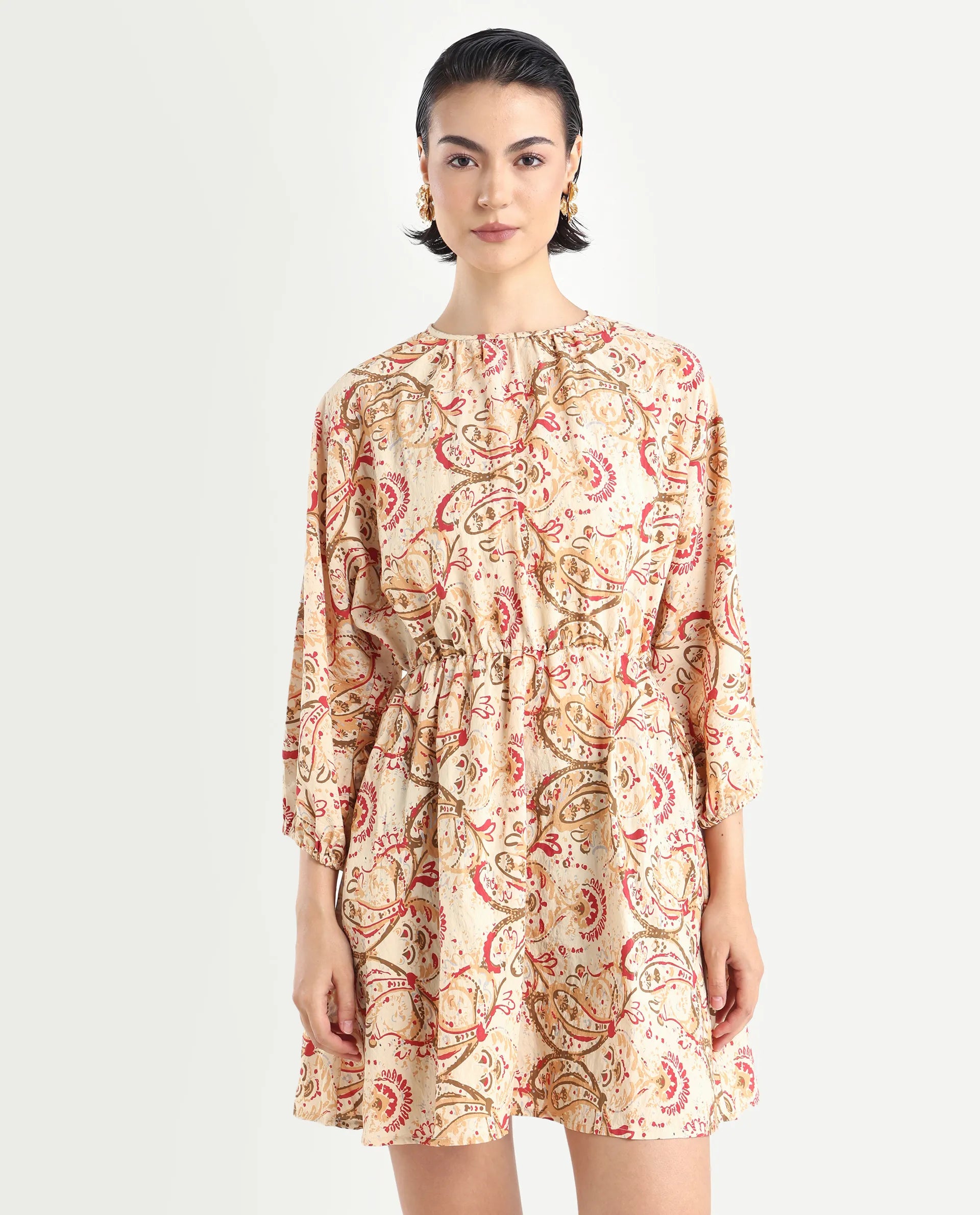 Rareism Women's Mellona Multi Polyester Round Neck Paisley Print Mini Fit And Flare Dress