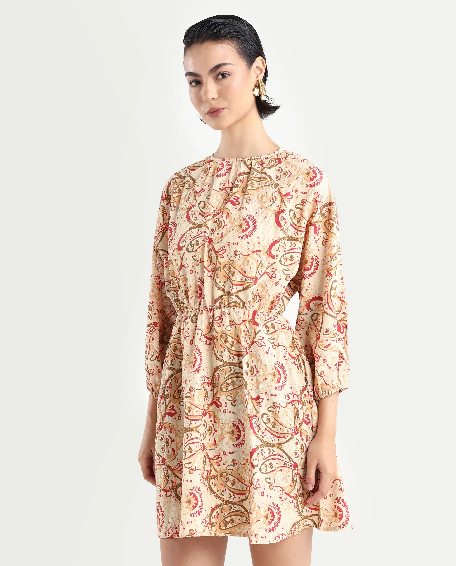 Rareism Women's Mellona Multi Polyester Round Neck Paisley Print Mini Fit And Flare Dress