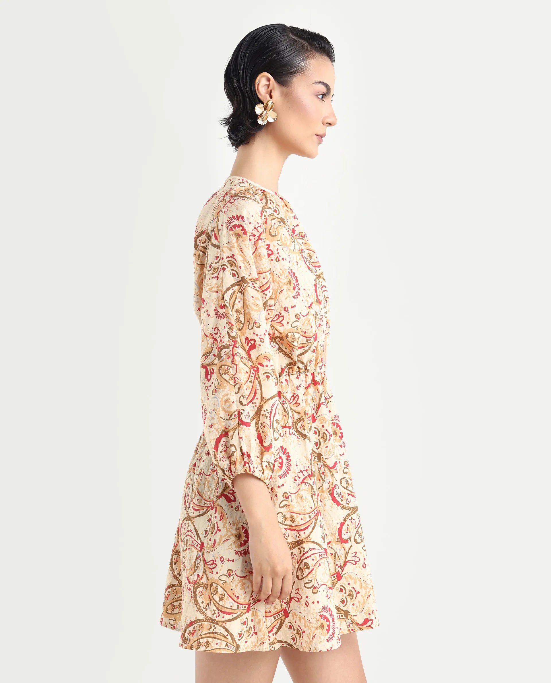 Rareism Women's Mellona Multi Polyester Round Neck Paisley Print Mini Fit And Flare Dress