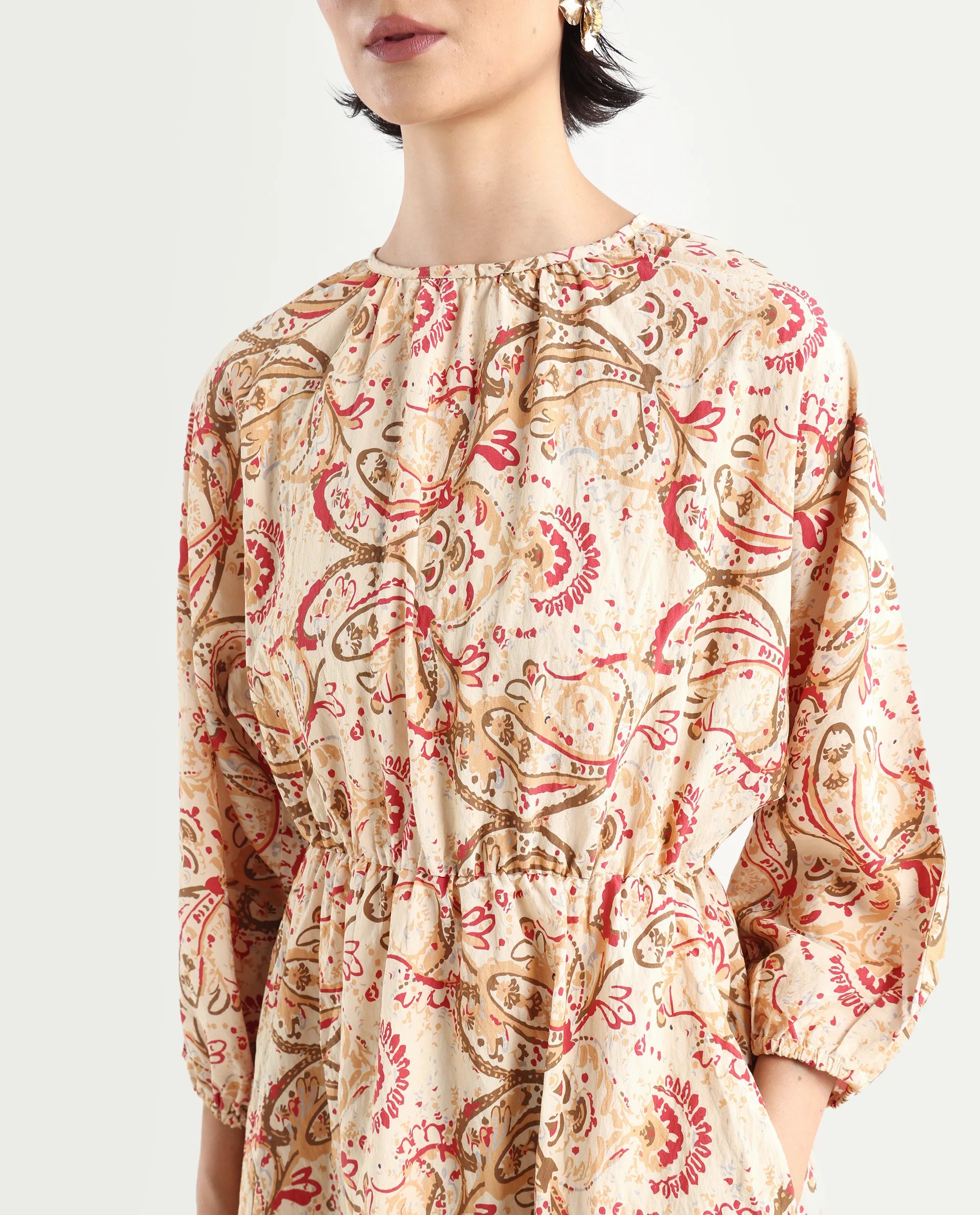 Rareism Women's Mellona Multi Polyester Round Neck Paisley Print Mini Fit And Flare Dress