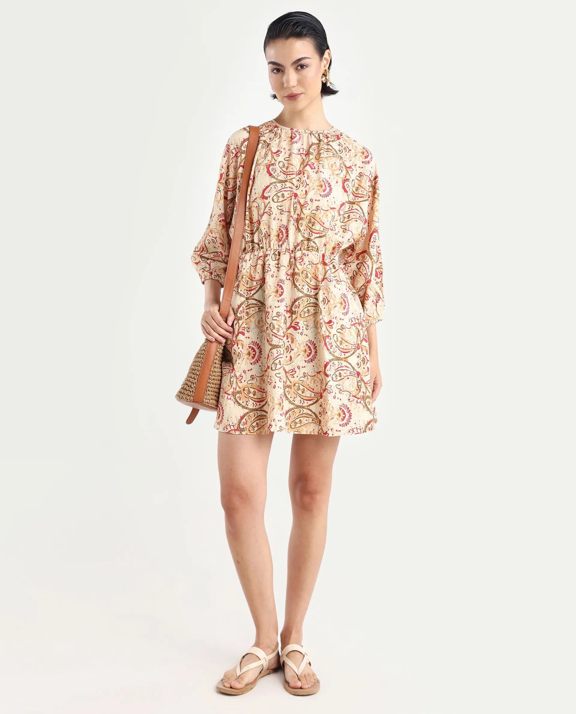 Rareism Women's Mellona Multi Polyester Round Neck Paisley Print Mini Fit And Flare Dress