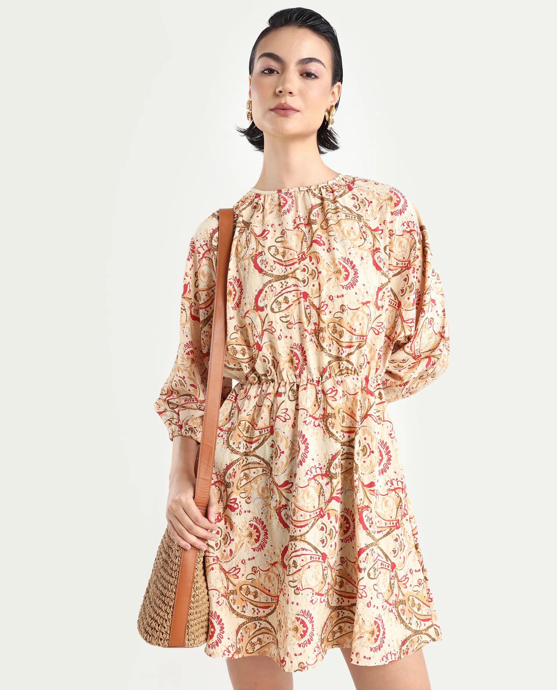 Rareism Women's Mellona Multi Polyester Round Neck Paisley Print Mini Fit And Flare Dress
