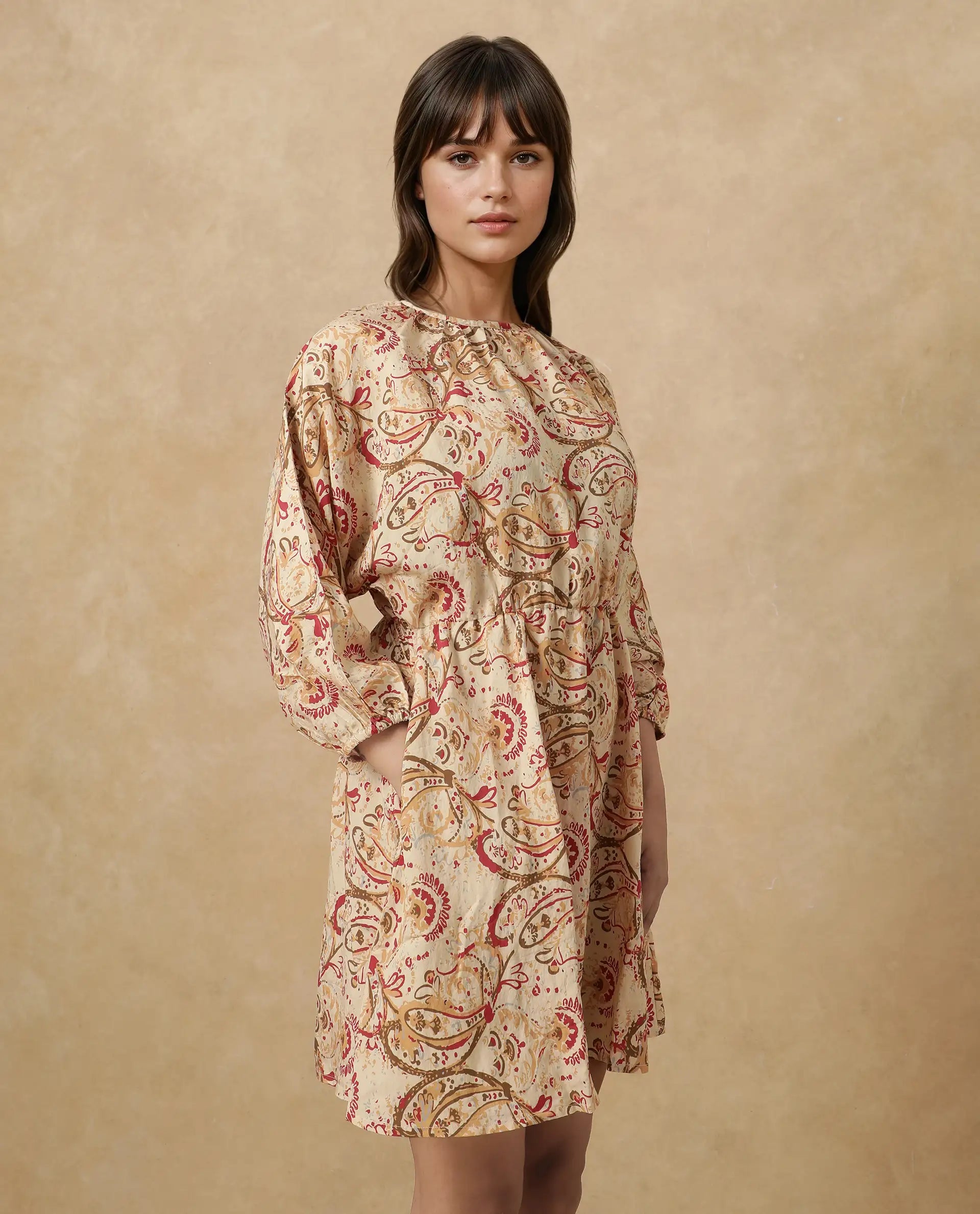 Rareism Women's Mellona Multi Polyester Round Neck Paisley Print Mini Fit And Flare Dress