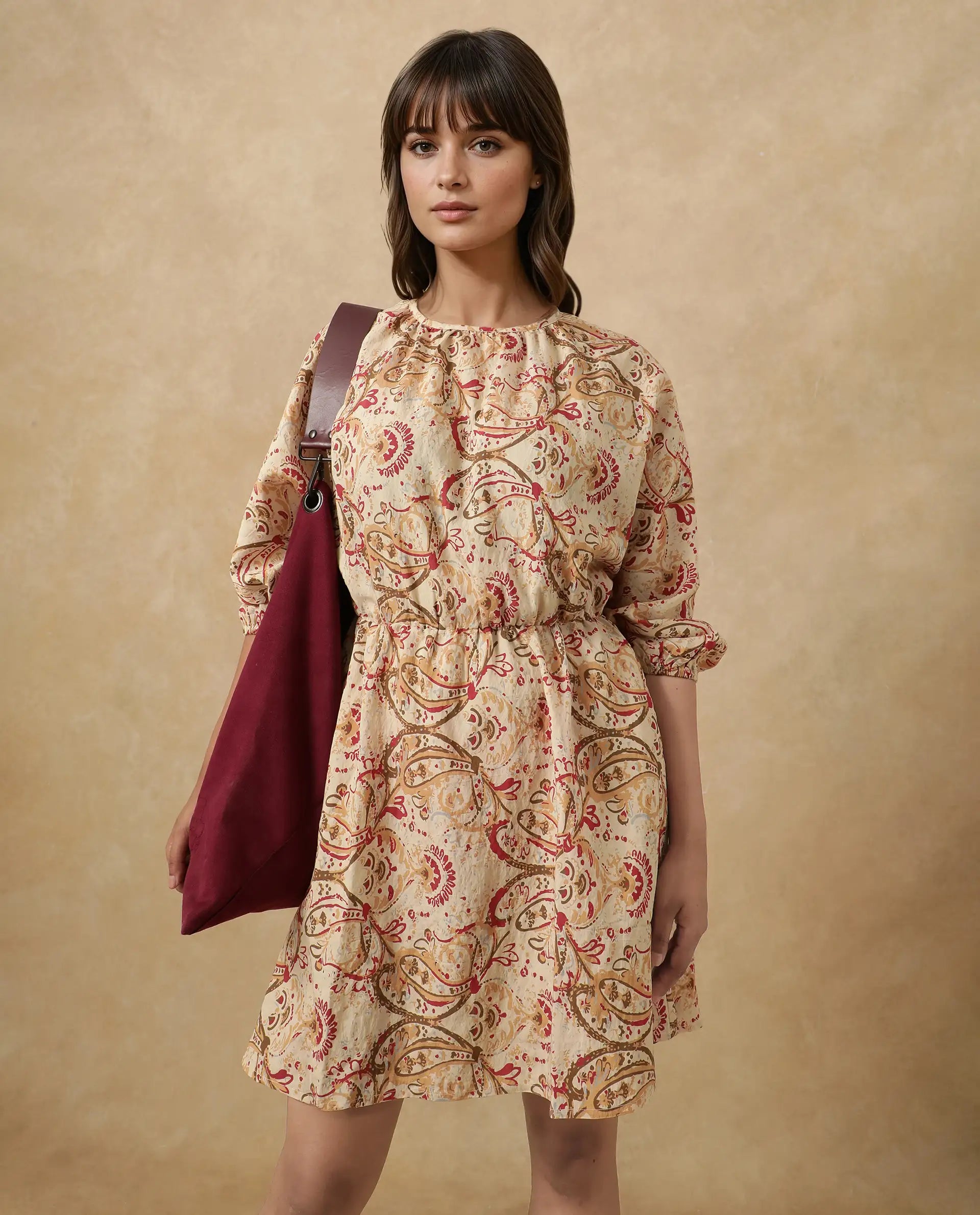 Rareism Women's Mellona Multi Polyester Round Neck Paisley Print Mini Fit And Flare Dress