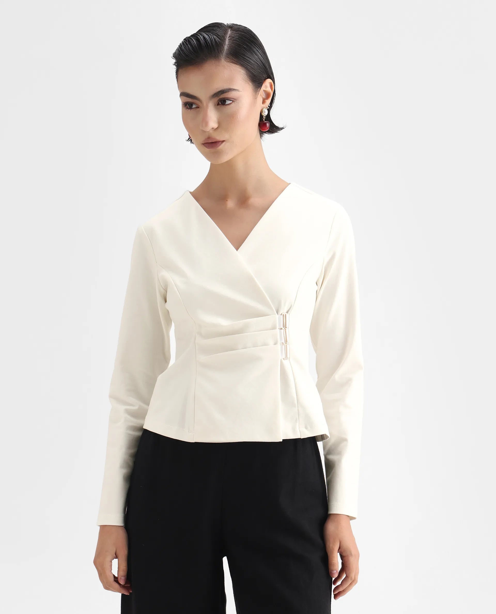 Rareism Women's Mellow White Polyester Blend V-Neck Plain Regular Fit Top