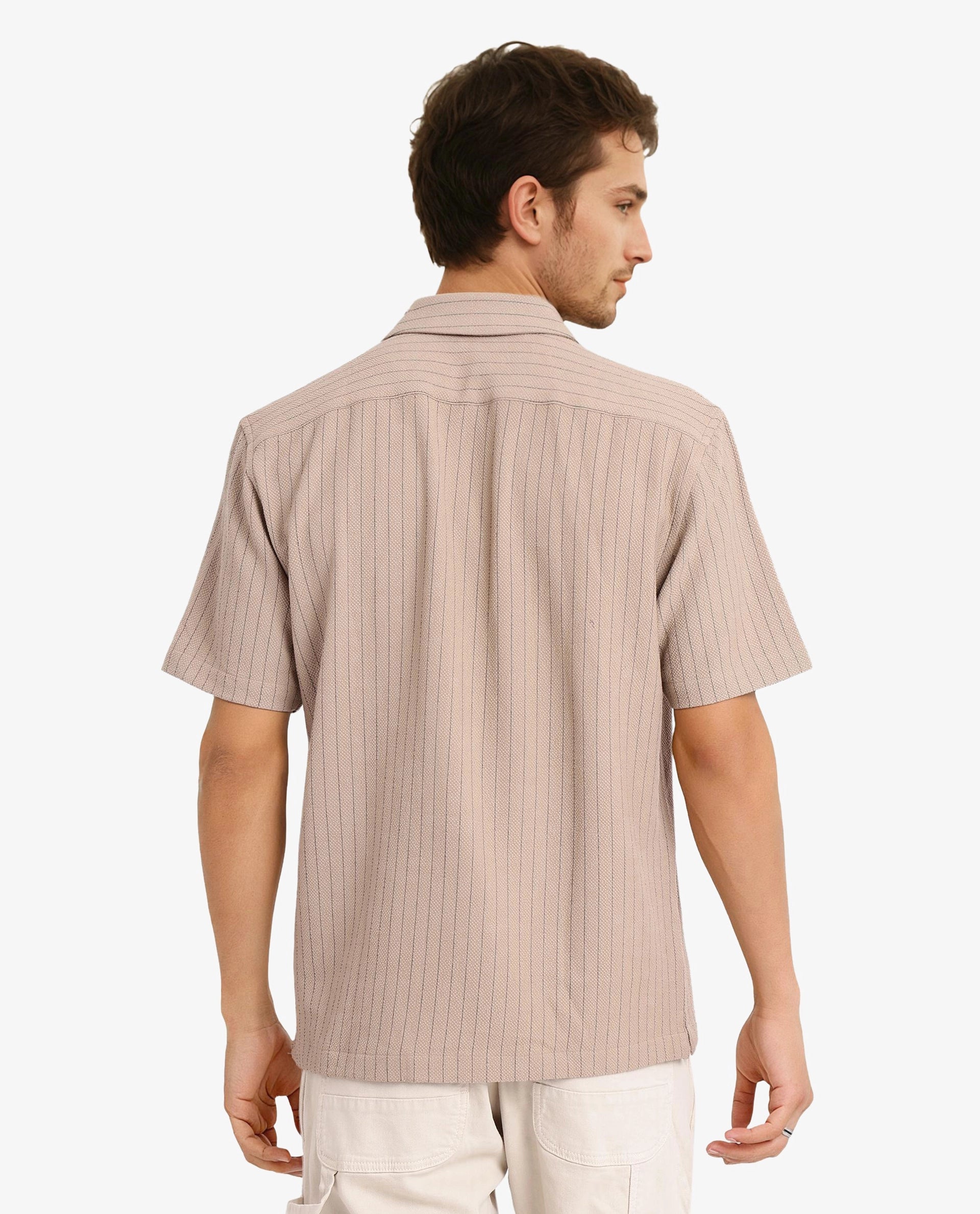 Rare Rabbit Men's Melon Dusky Beige Poly Blend Fabric Half Sleeve Cuban Collared Boxy Fit Striped Shirt