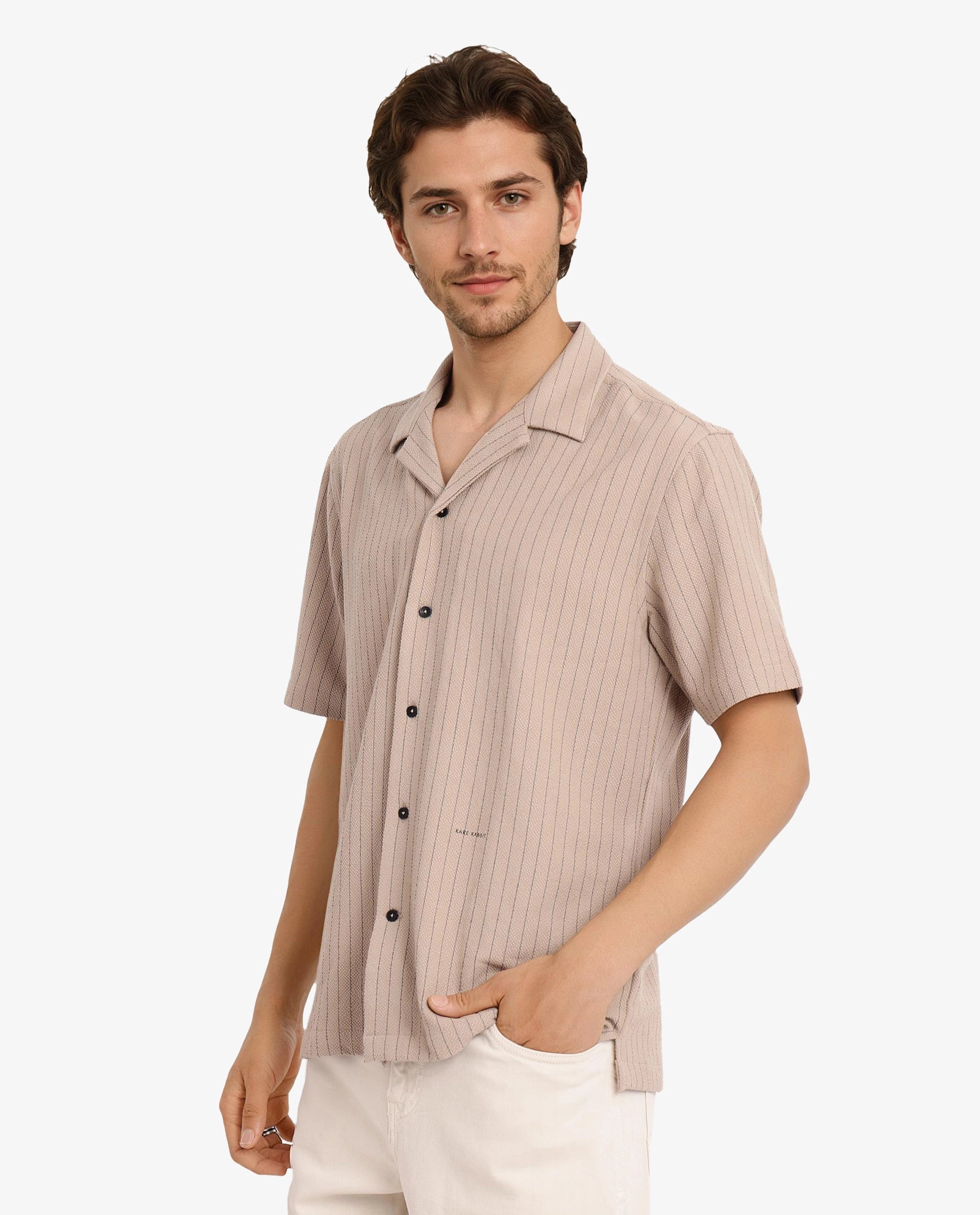 Rare Rabbit Men's Melon Dusky Beige Poly Blend Fabric Half Sleeve Cuban Collared Boxy Fit Striped Shirt