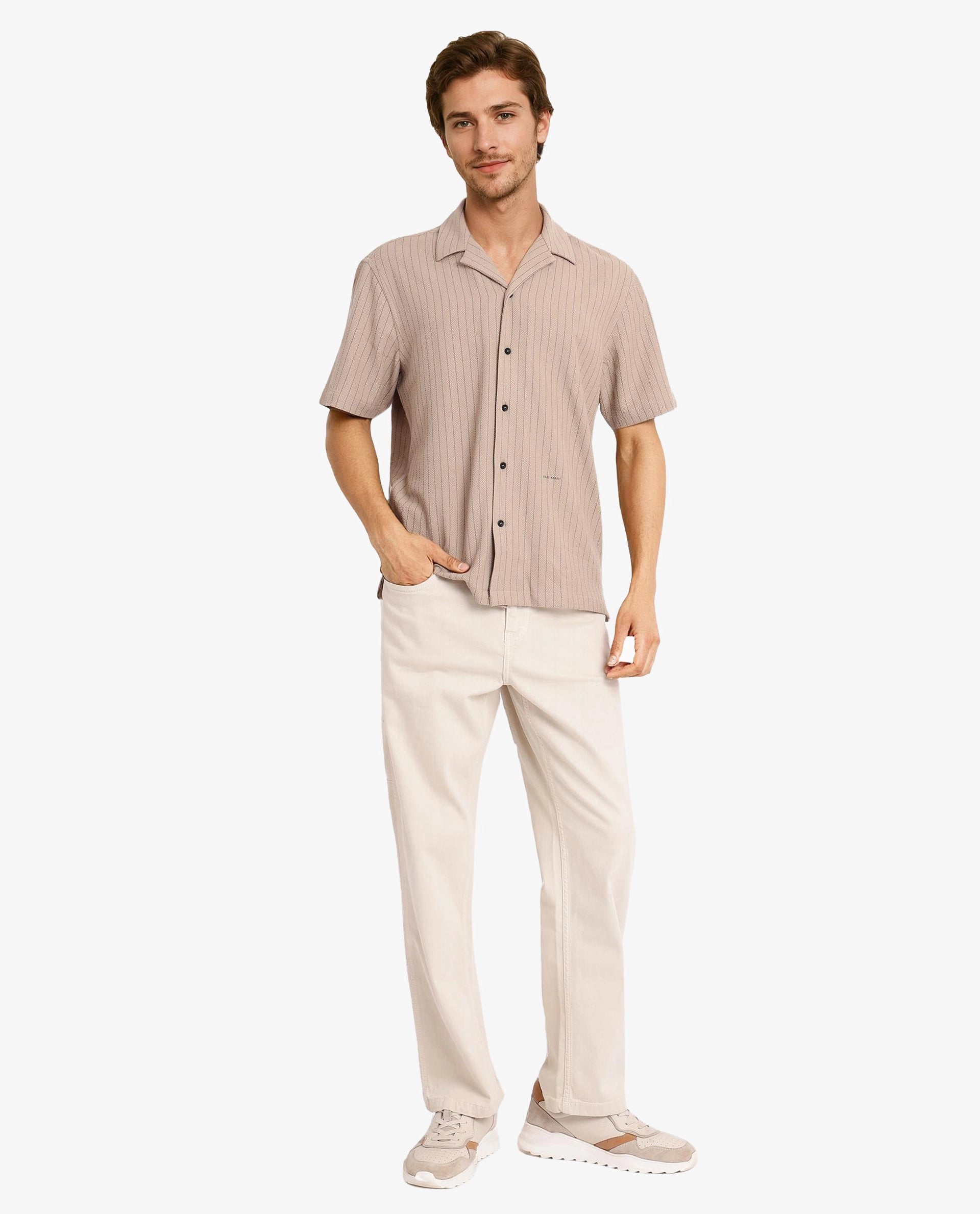 Rare Rabbit Men's Melon Dusky Beige Poly Blend Fabric Half Sleeve Cuban Collared Boxy Fit Striped Shirt