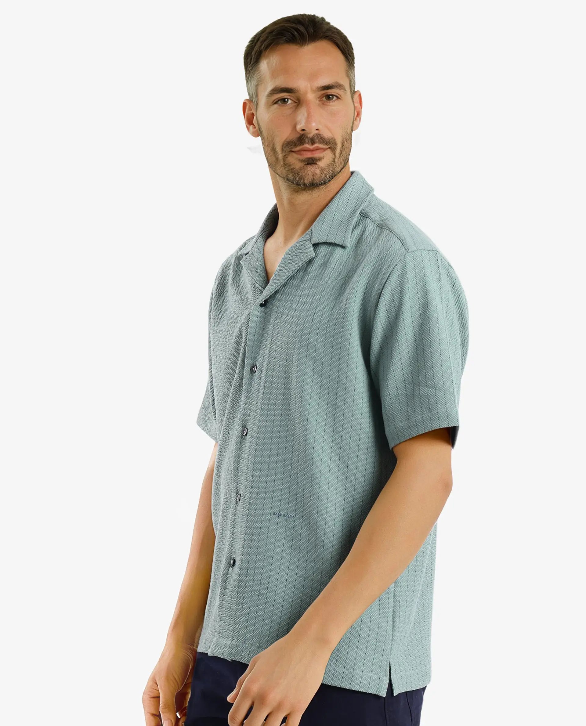 Rare Rabbit Men's Melon Dusky Green Poly Blend Fabric Half Sleeve Cuban Collared Boxy Fit Striped Shirt