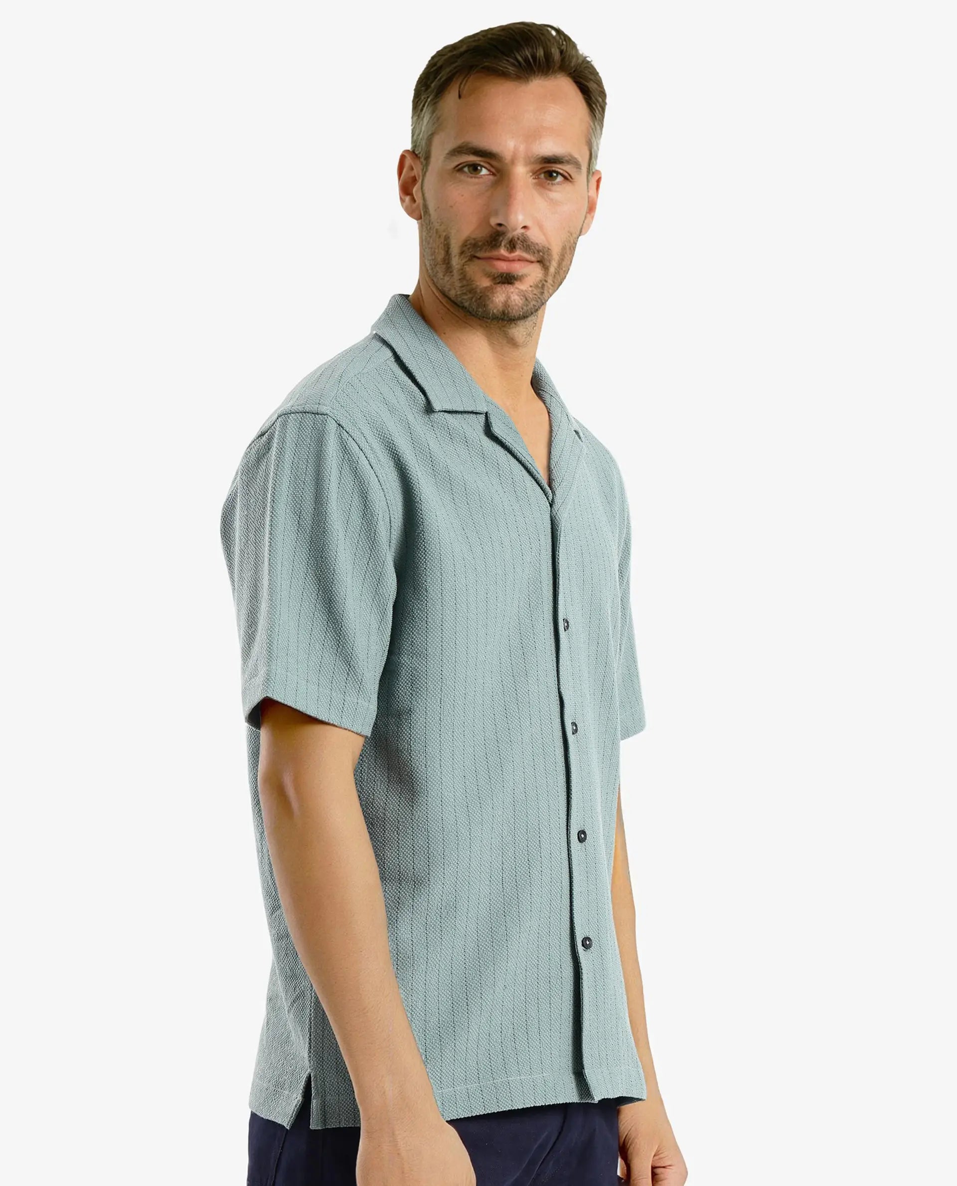 Rare Rabbit Men's Melon Dusky Green Poly Blend Fabric Half Sleeve Cuban Collared Boxy Fit Striped Shirt