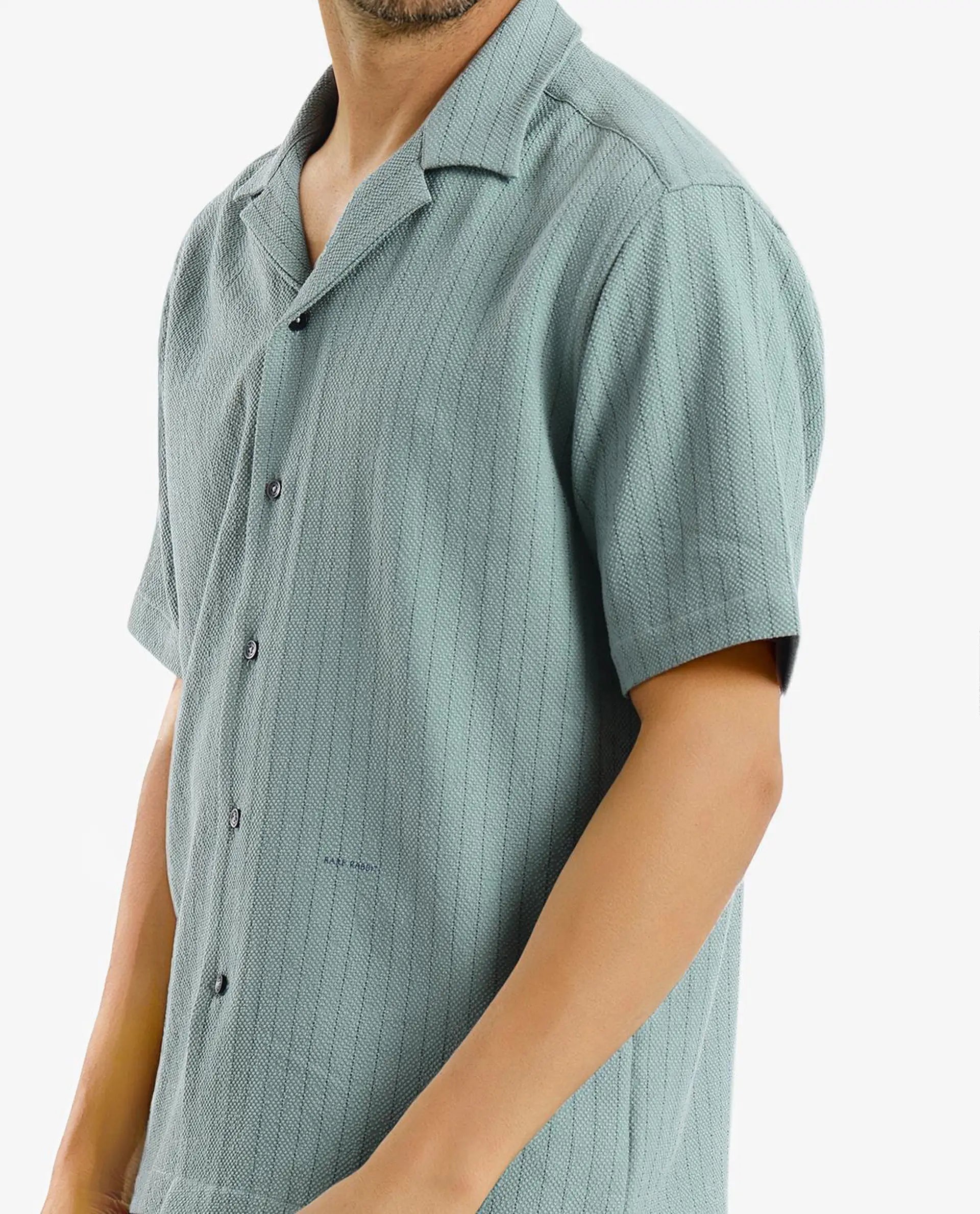 Rare Rabbit Men's Melon Dusky Green Poly Blend Fabric Half Sleeve Cuban Collared Boxy Fit Striped Shirt