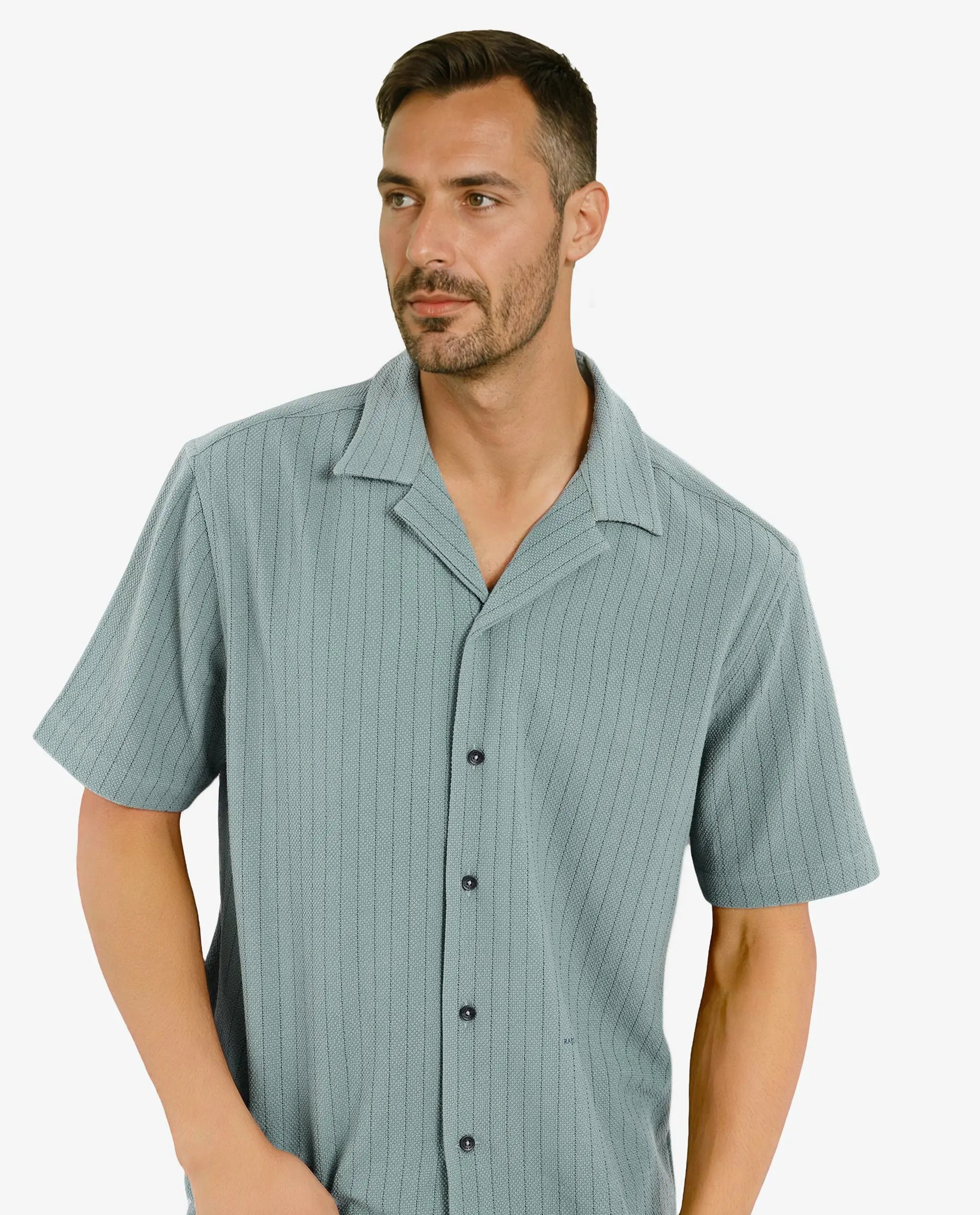 Rare Rabbit Men's Melon Dusky Green Poly Blend Fabric Half Sleeve Cuban Collared Boxy Fit Striped Shirt