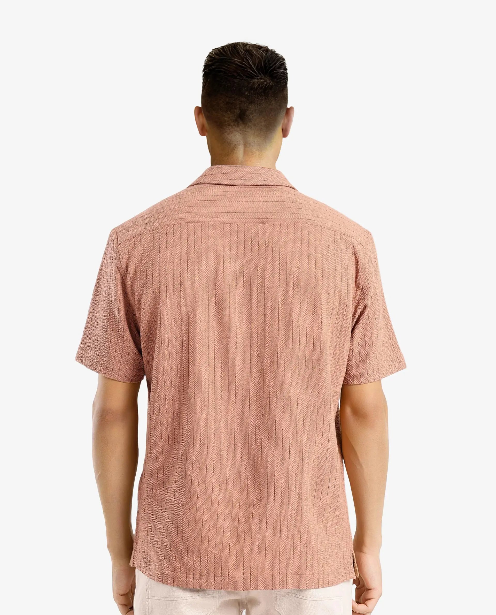 Rare Rabbit Men's Melon Dusky Orange Poly Blend Fabric Half Sleeve Cuban Collared Boxy Fit Striped Shirt