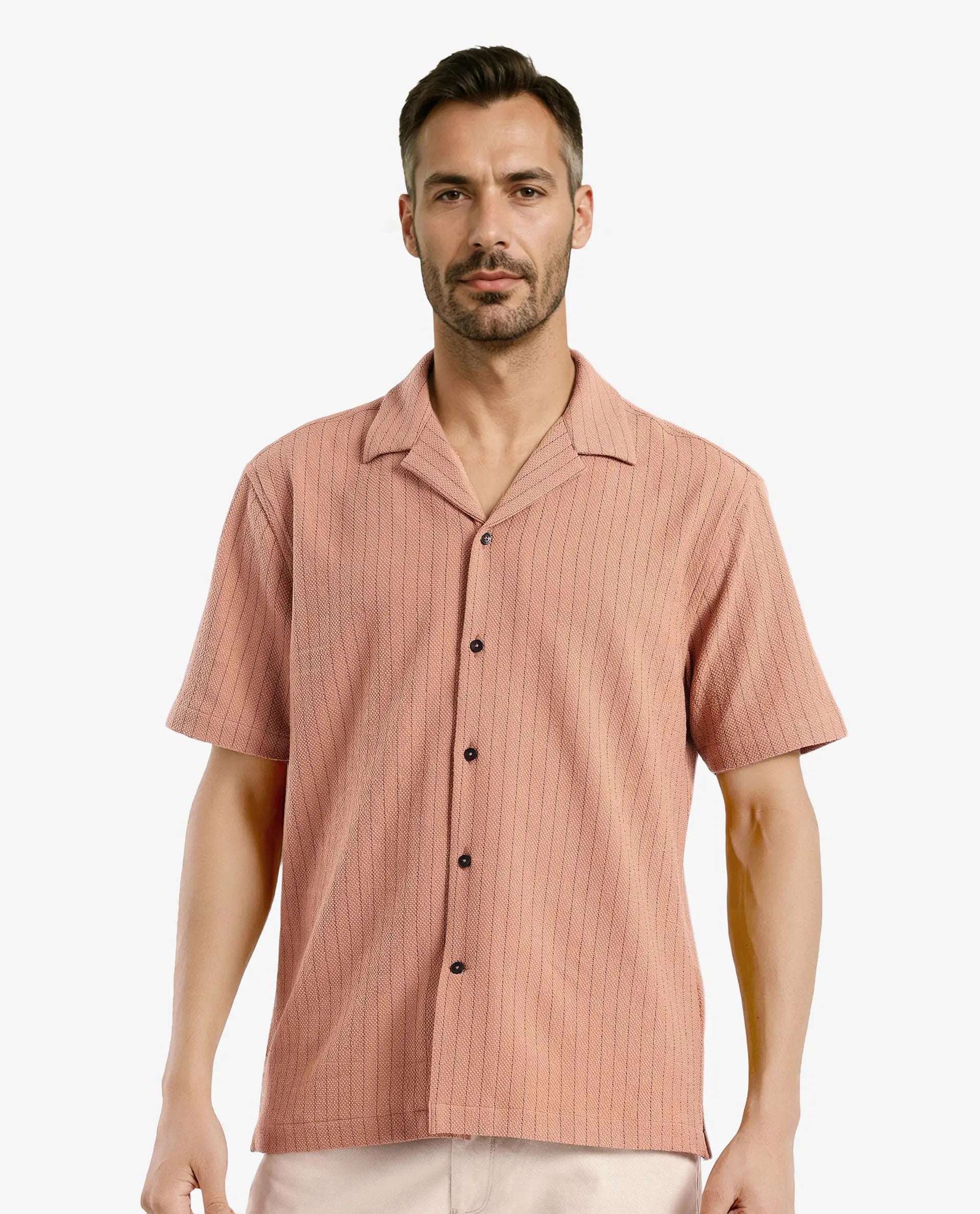 Rare Rabbit Men's Melon Dusky Orange Poly Blend Fabric Half Sleeve Cuban Collared Boxy Fit Striped Shirt