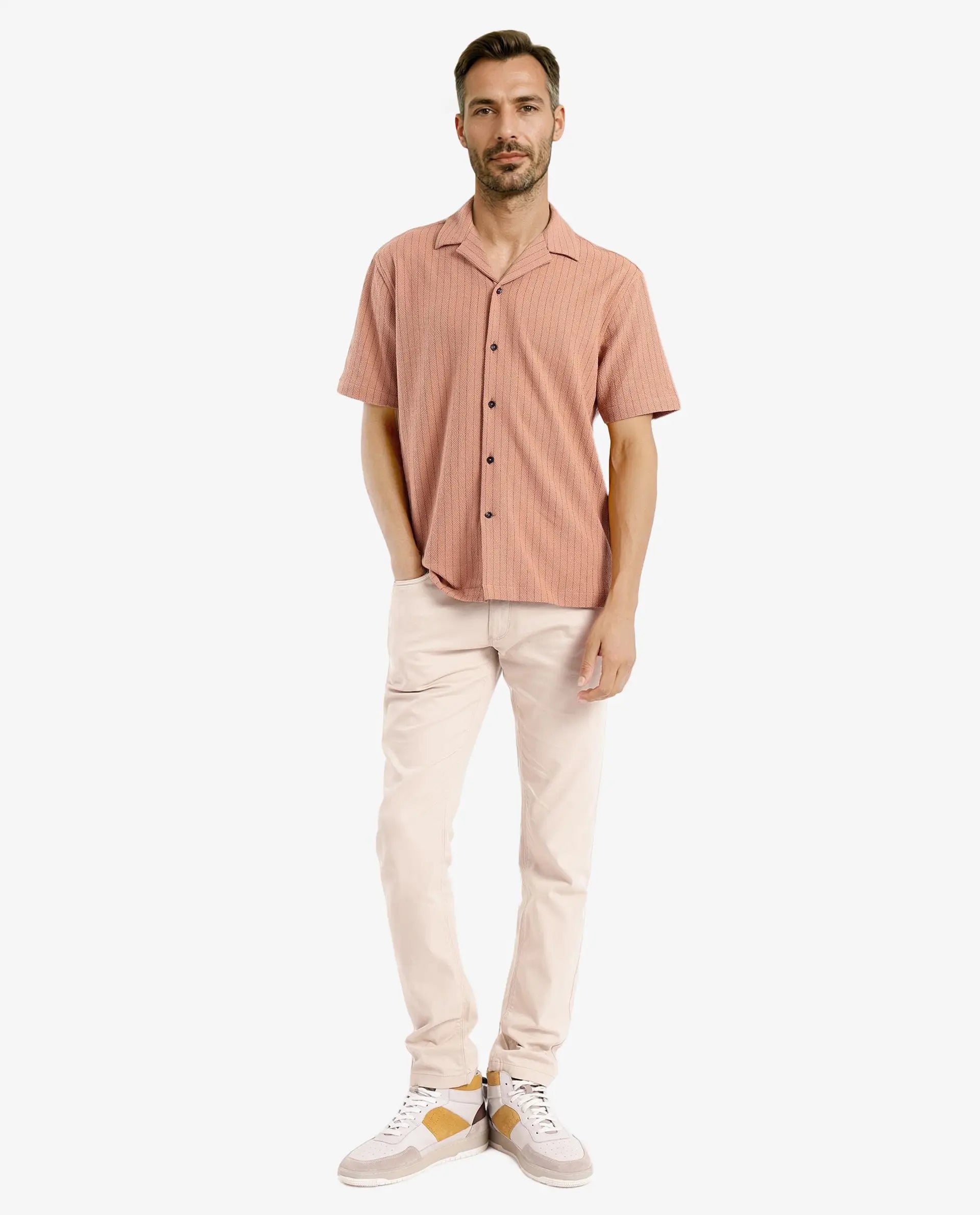 Rare Rabbit Men's Melon Dusky Orange Poly Blend Fabric Half Sleeve Cuban Collared Boxy Fit Striped Shirt