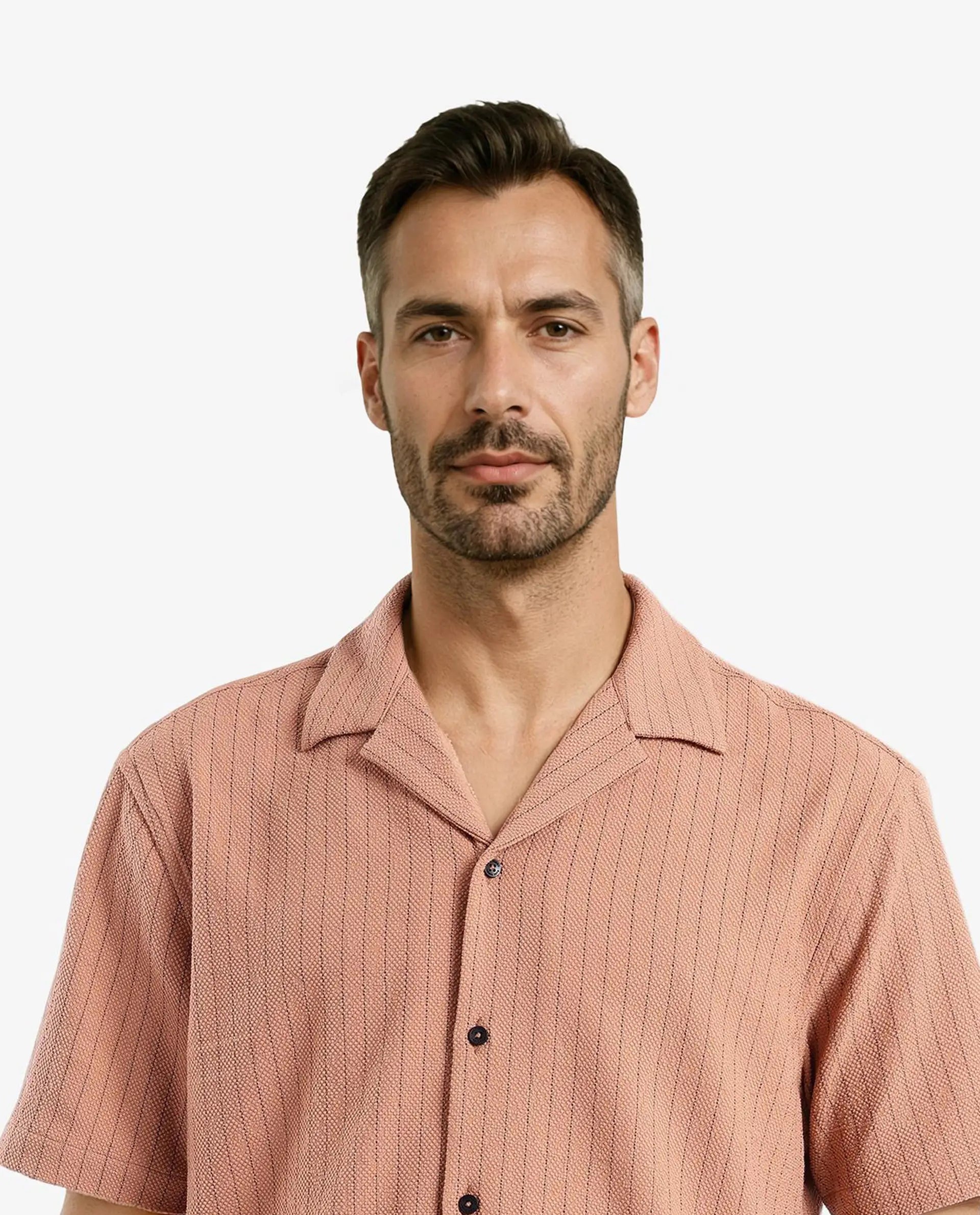 Rare Rabbit Men's Melon Dusky Orange Poly Blend Fabric Half Sleeve Cuban Collared Boxy Fit Striped Shirt