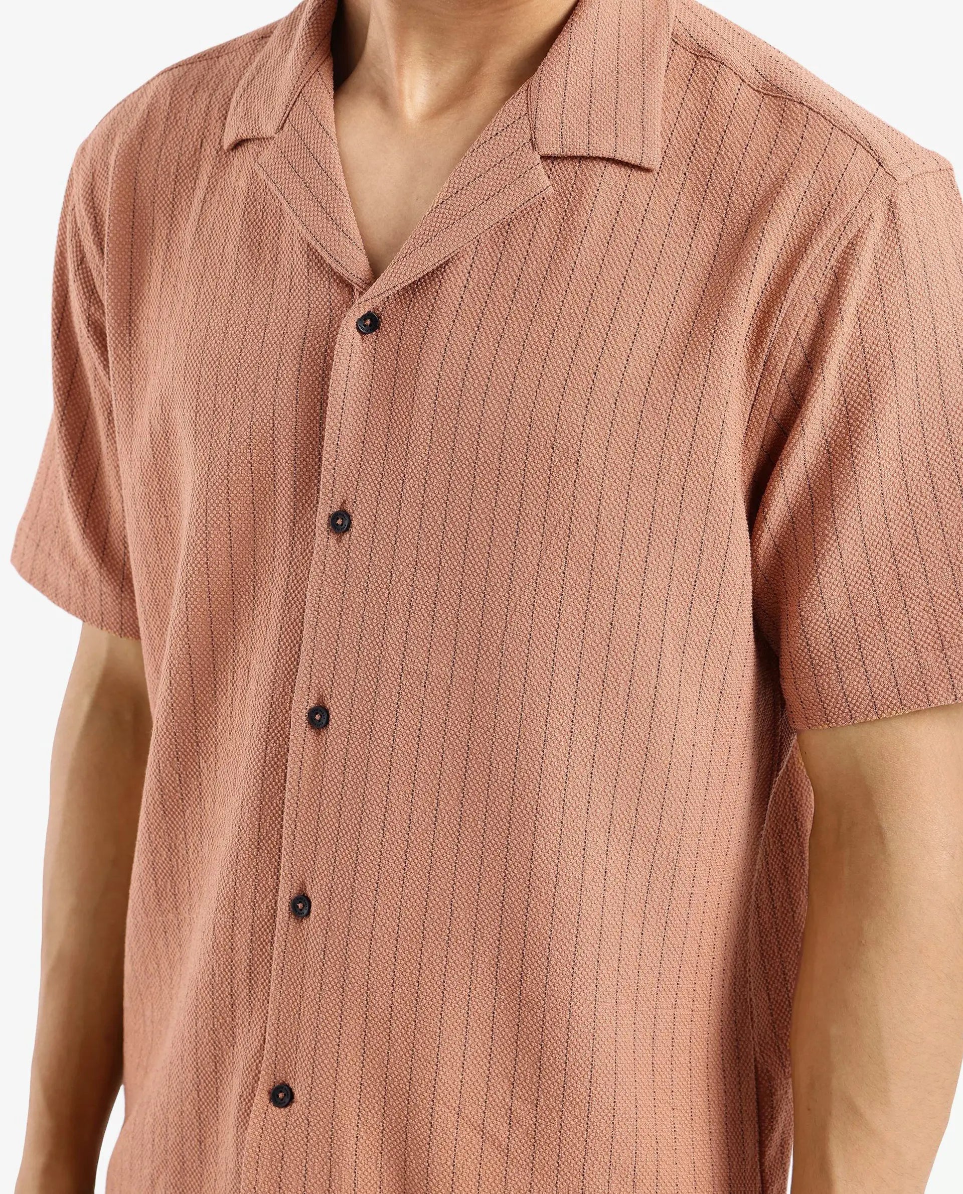 Rare Rabbit Men's Melon Dusky Orange Poly Blend Fabric Half Sleeve Cuban Collared Boxy Fit Striped Shirt
