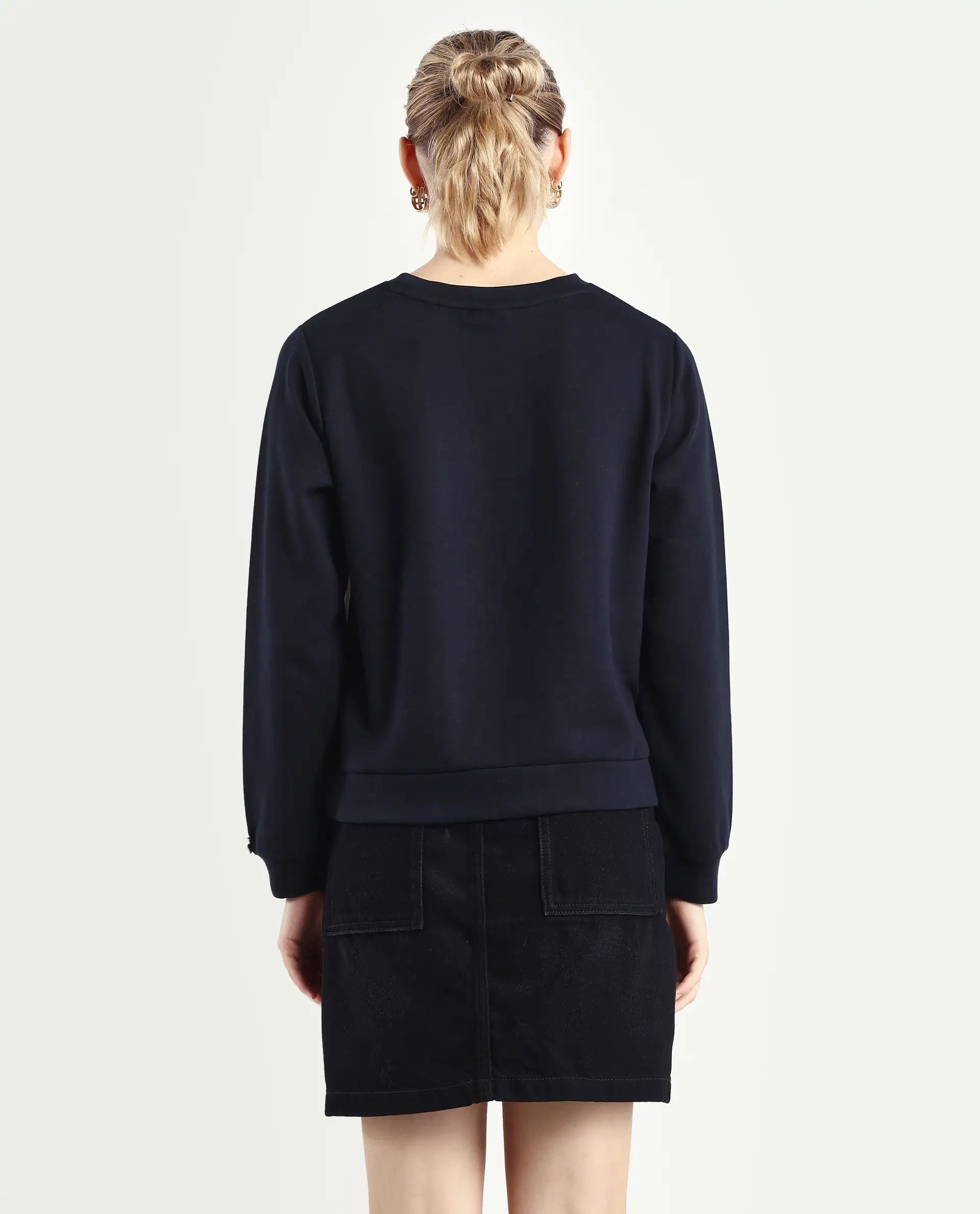 Rareism Women's Melone Black Cotton Blend Crew Neck Plain Relaxed Fit Sweatshirt