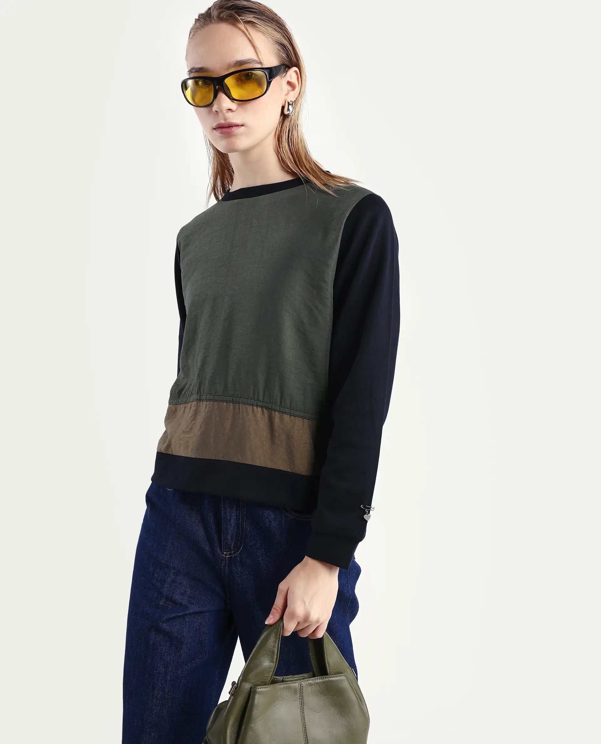 Rareism Women's Melone Dark Olive Cotton Blend Crew Neck Plain Relaxed Fit Sweatshirt