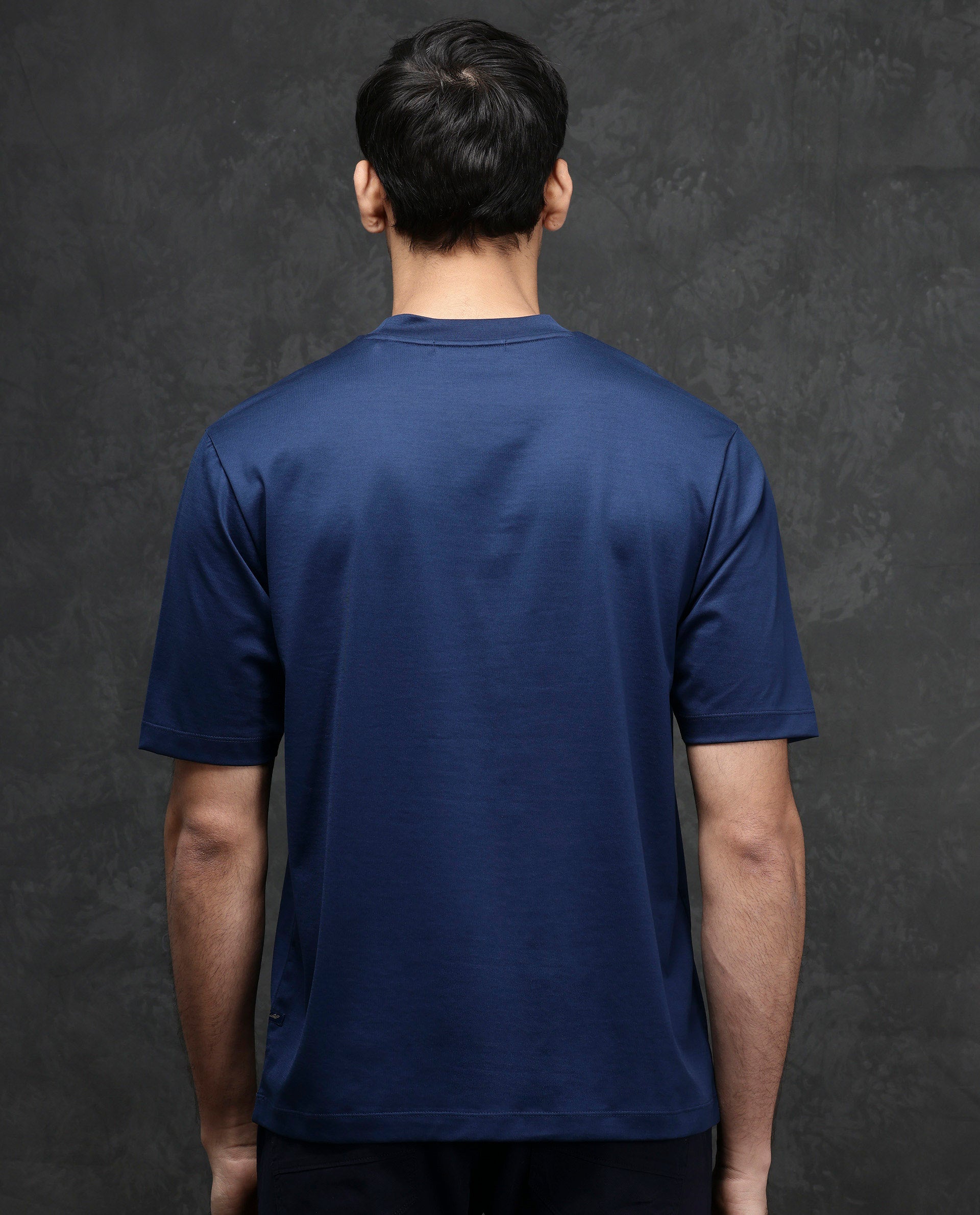 Rare Rabbit Men Melor Dark Blue Cotton Blend Fabric HD Monogram Print Oversized Fit Premium T-shirt