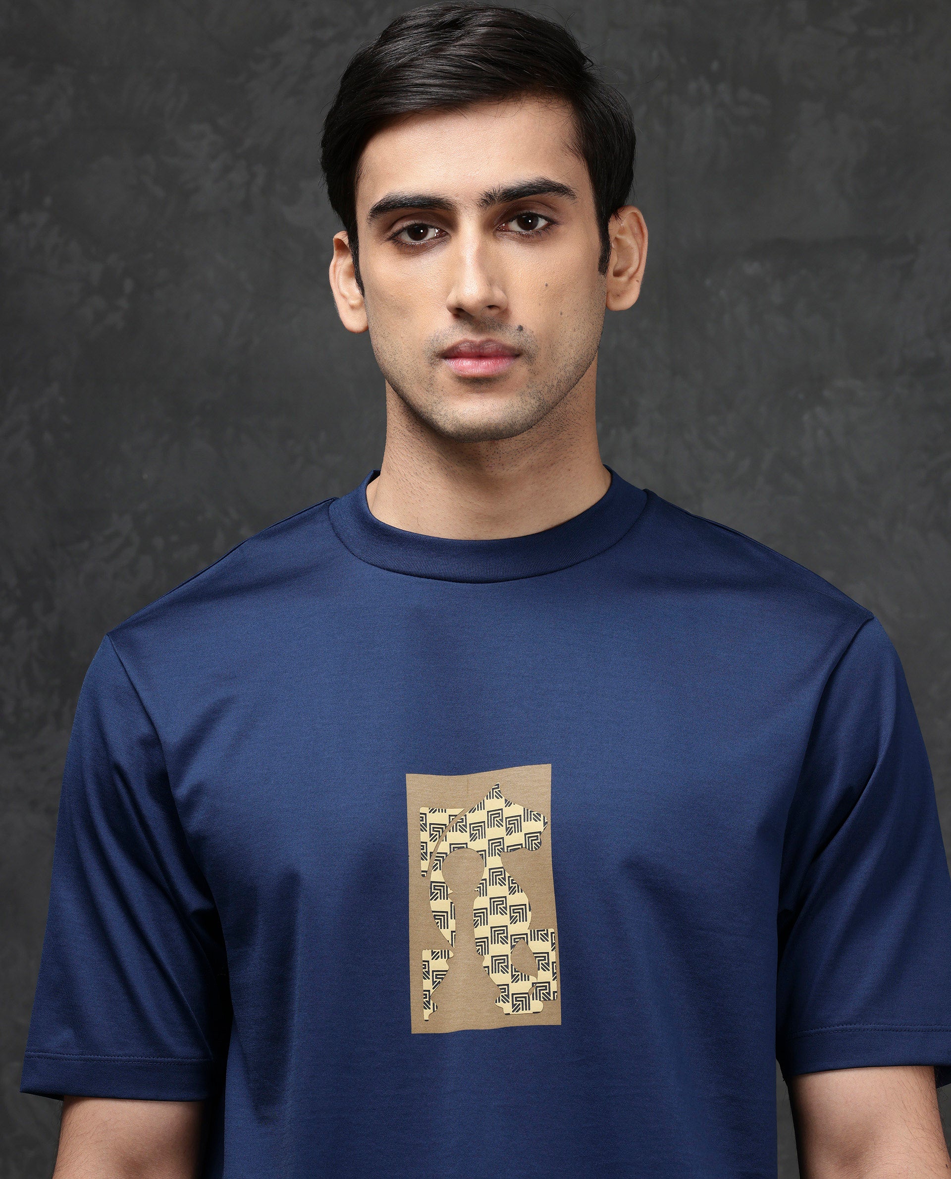 Rare Rabbit Men Melor Dark Blue Cotton Blend Fabric HD Monogram Print Oversized Fit Premium T-shirt