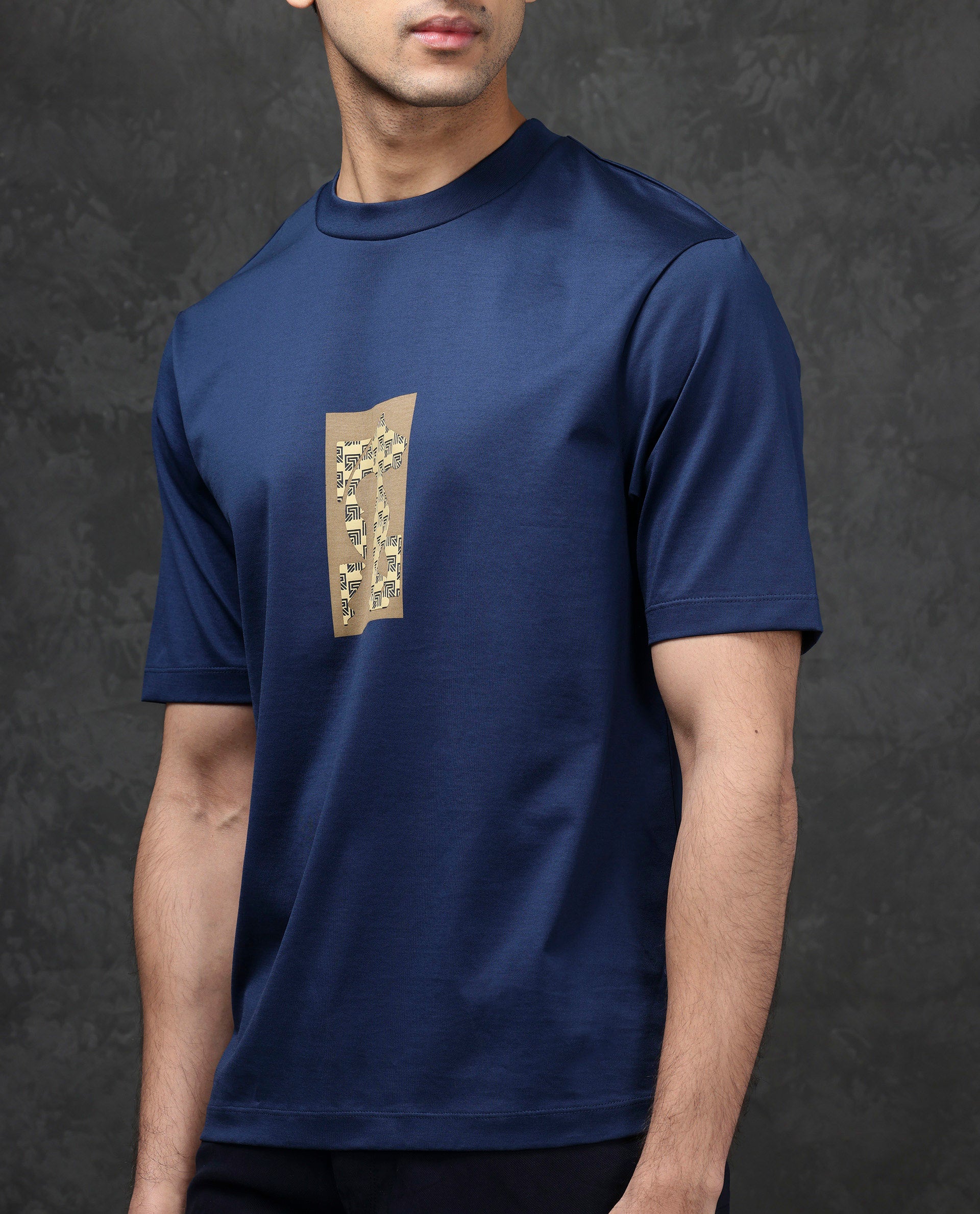 Rare Rabbit Men Melor Dark Blue Cotton Blend Fabric HD Monogram Print Oversized Fit Premium T-shirt