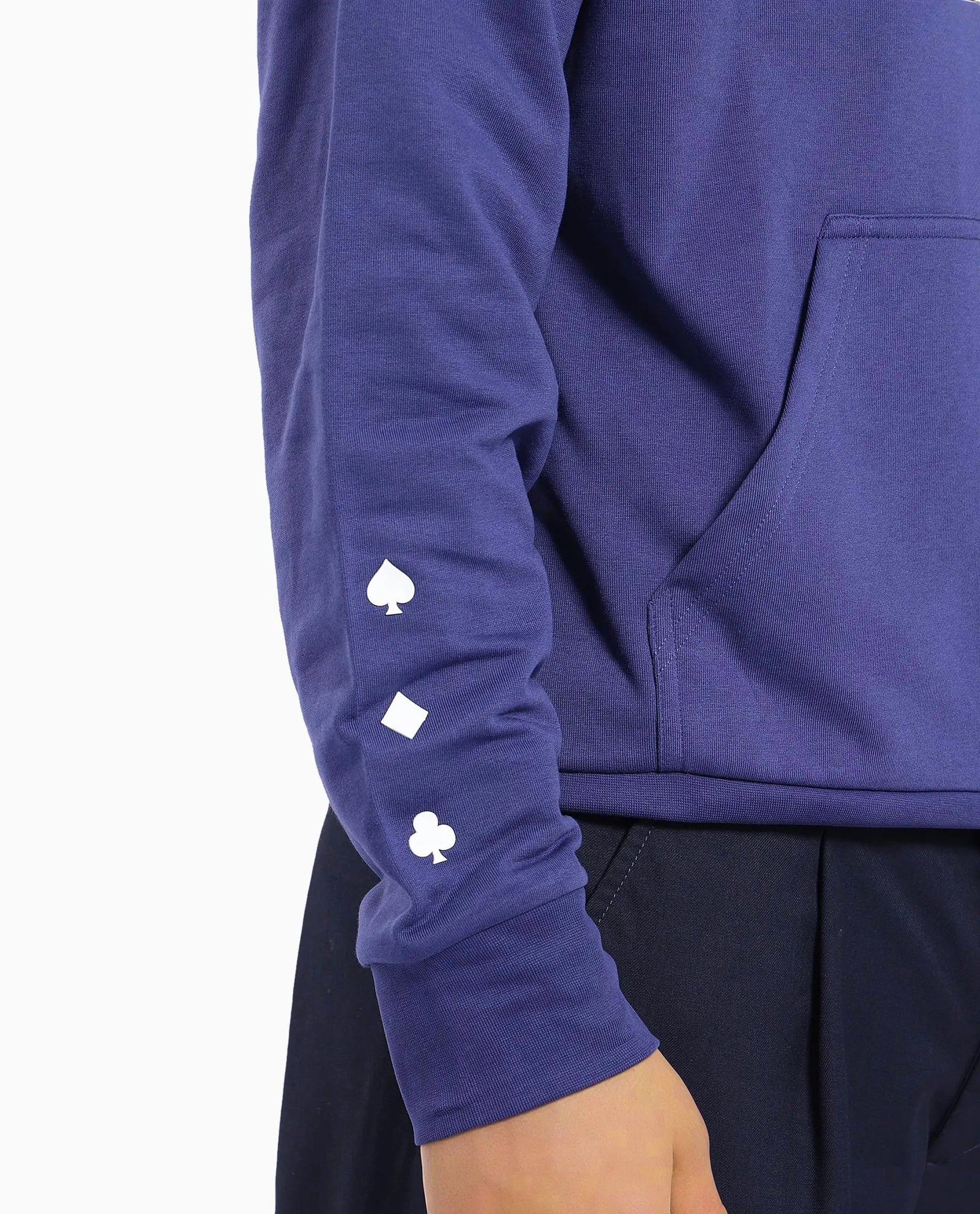 Rare Rabbit Men Meloro Navy Cotton Polyester Fabric Full Sleeve Hooded Regular Fit Printed Sweatshirt