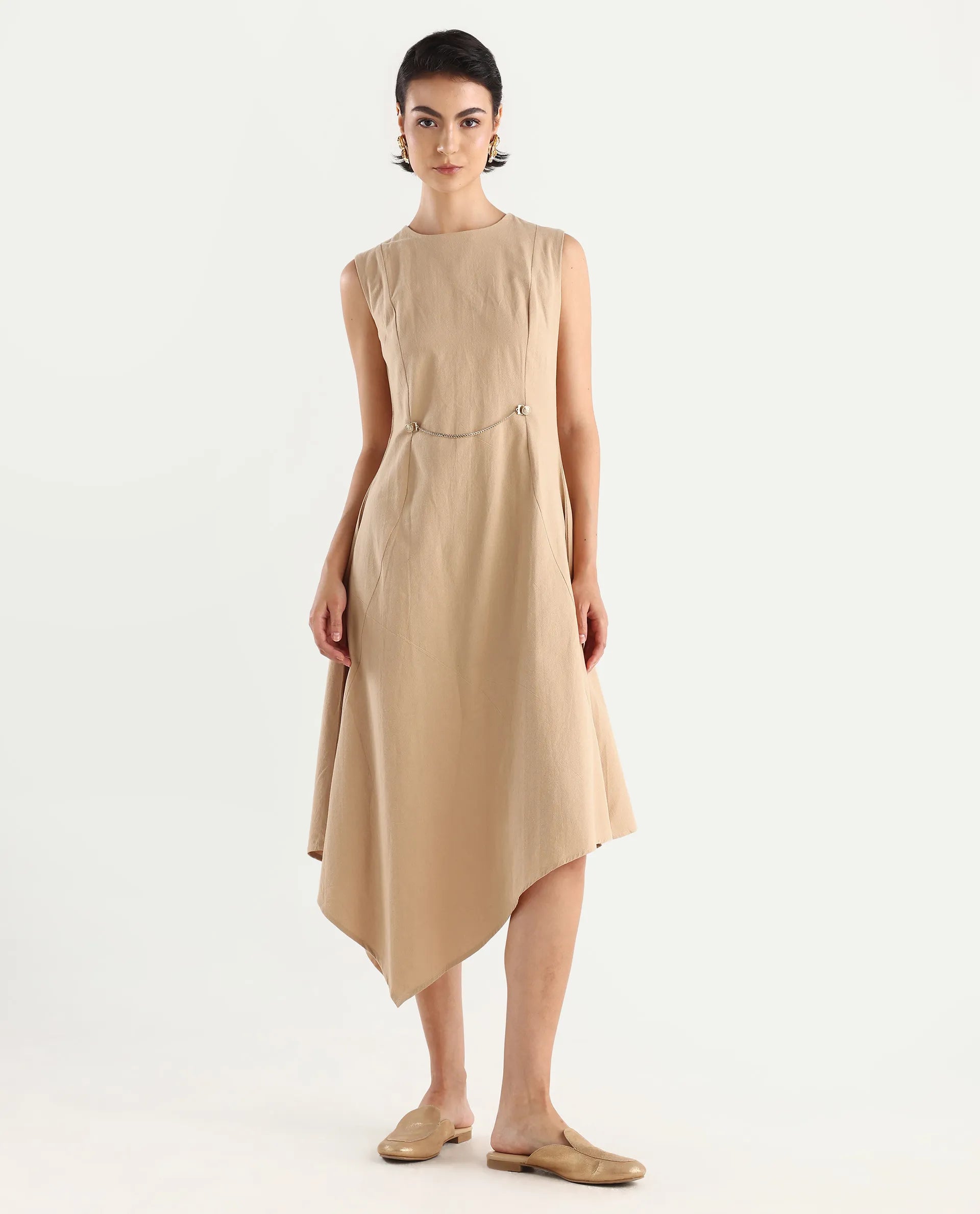 Rareism Women's Melrick Beige Cotton Crew Neck Plain Sleeveless Maxi A-Line Dress