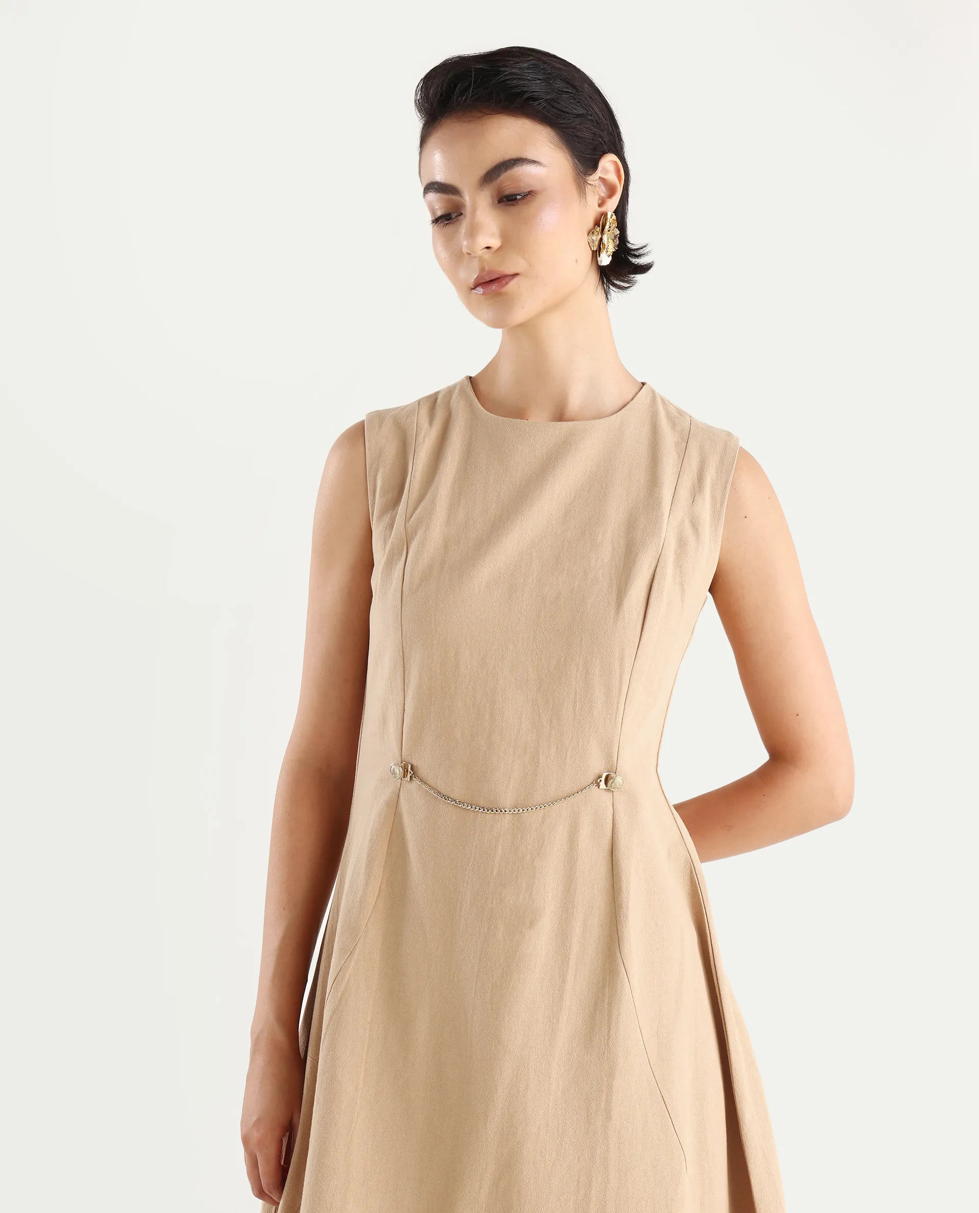 Rareism Women's Melrick Beige Cotton Crew Neck Plain Sleeveless Maxi A-Line Dress