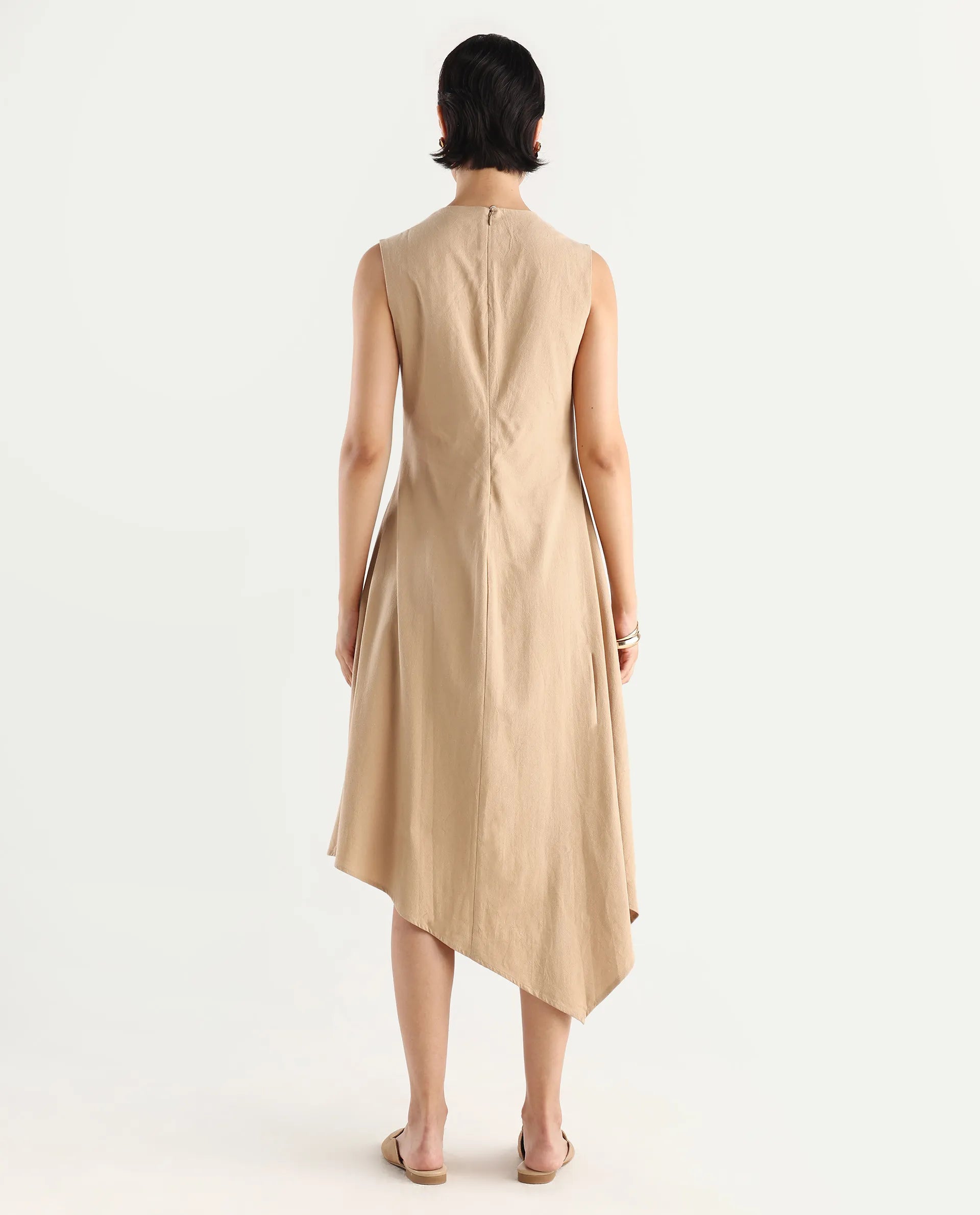 Rareism Women's Melrick Beige Cotton Crew Neck Plain Sleeveless Maxi A-Line Dress