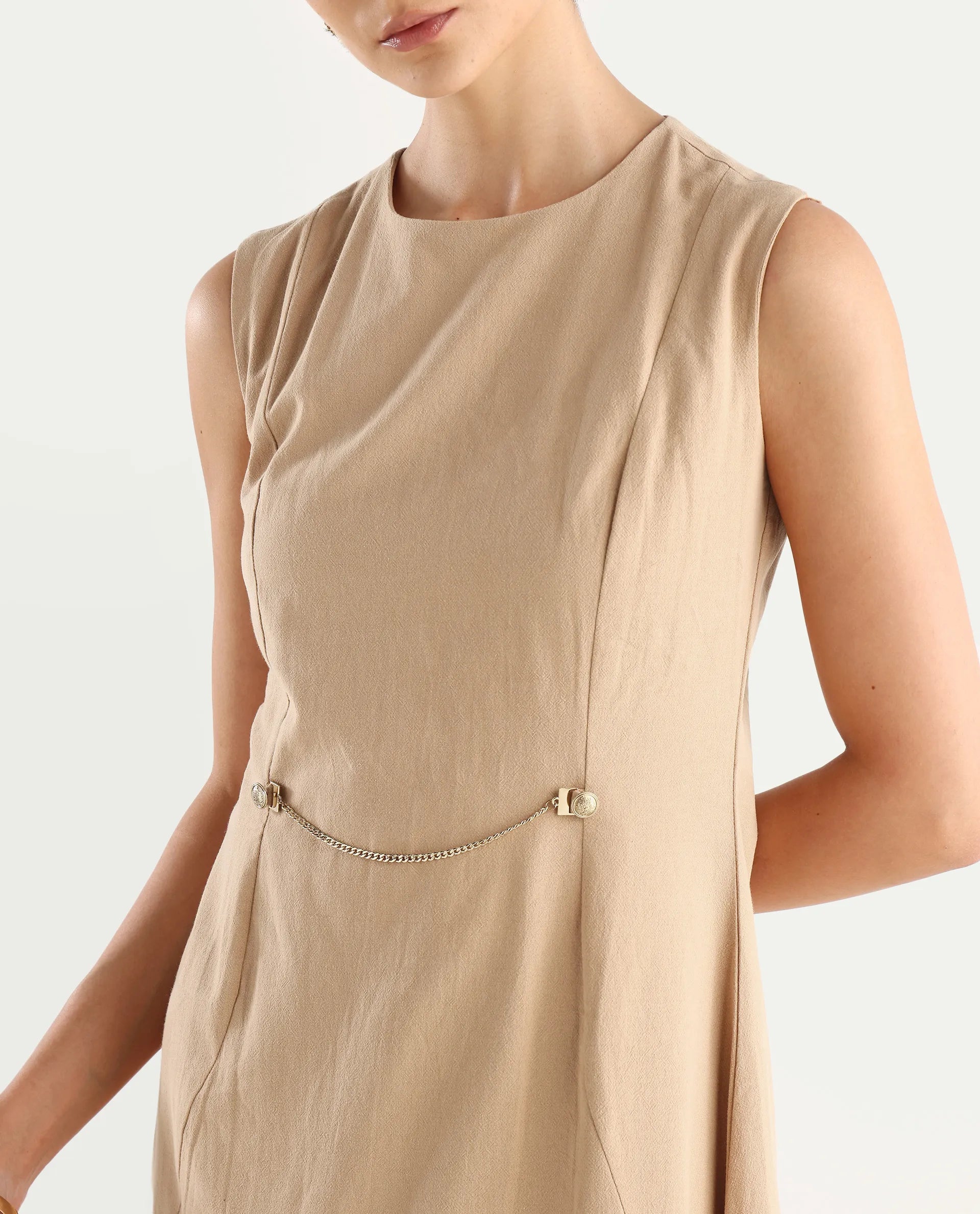Rareism Women's Melrick Beige Cotton Crew Neck Plain Sleeveless Maxi A-Line Dress