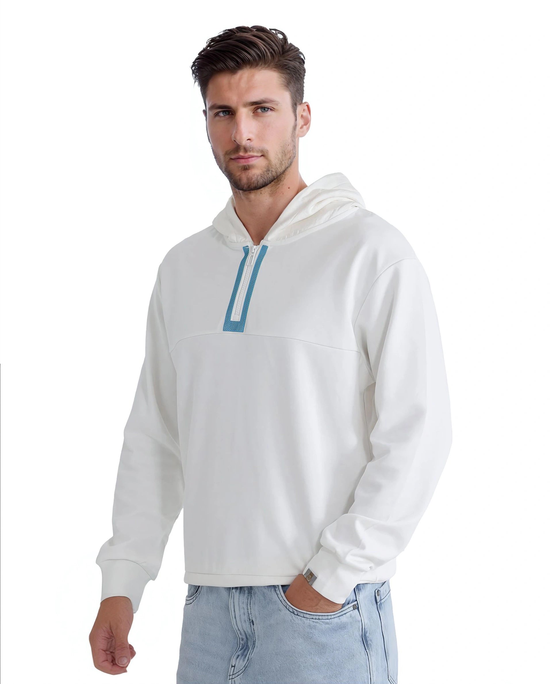 Rare Rabbit Men Melt Off White Cotton Poly Fabric Full Sleeve Hooded Plain Sweatshirt