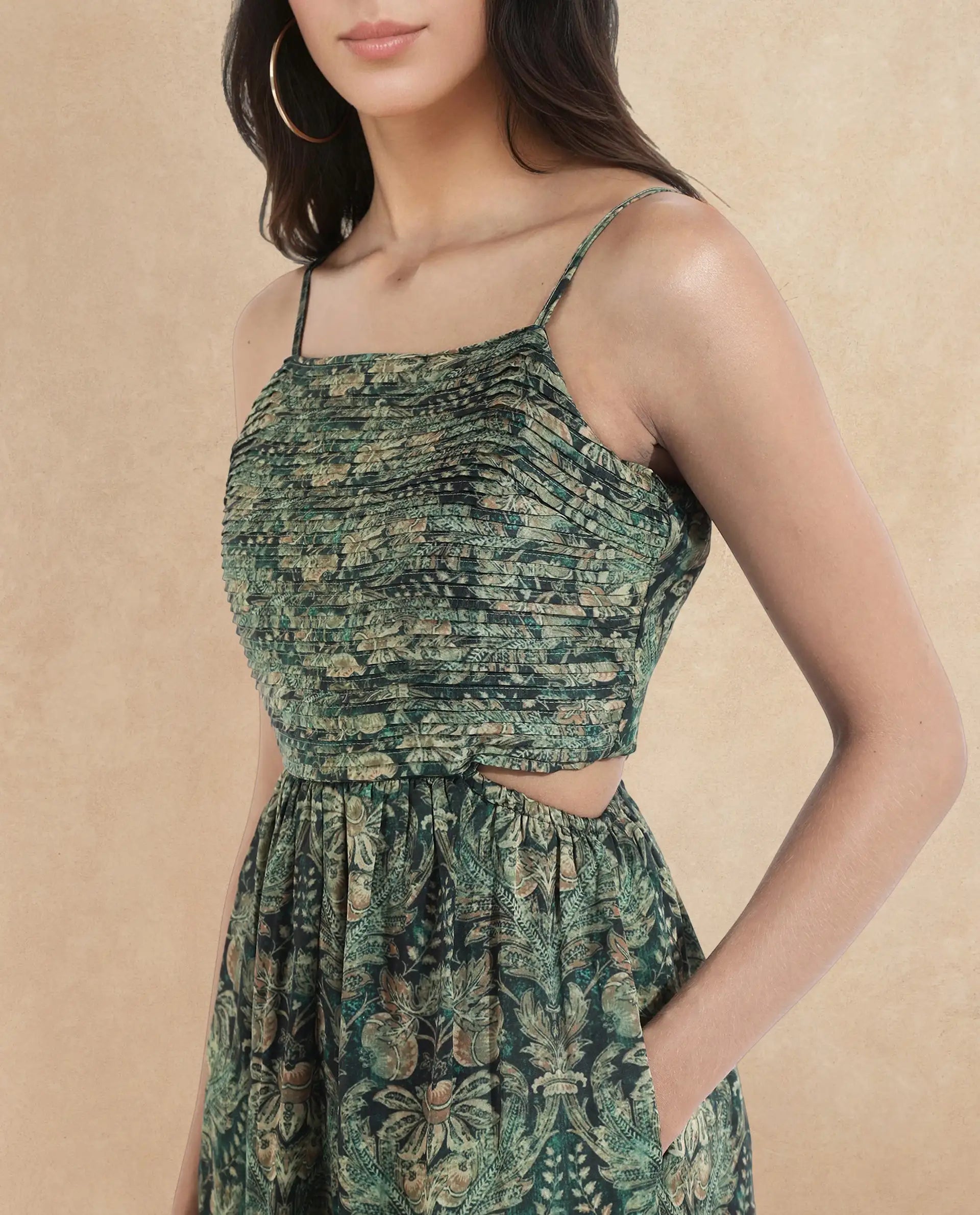 Rareism Women's Melvin Dark Green Polyester Shoulder Strap Floral Print Shoulder Strap Maxi Fit And Flare Dress