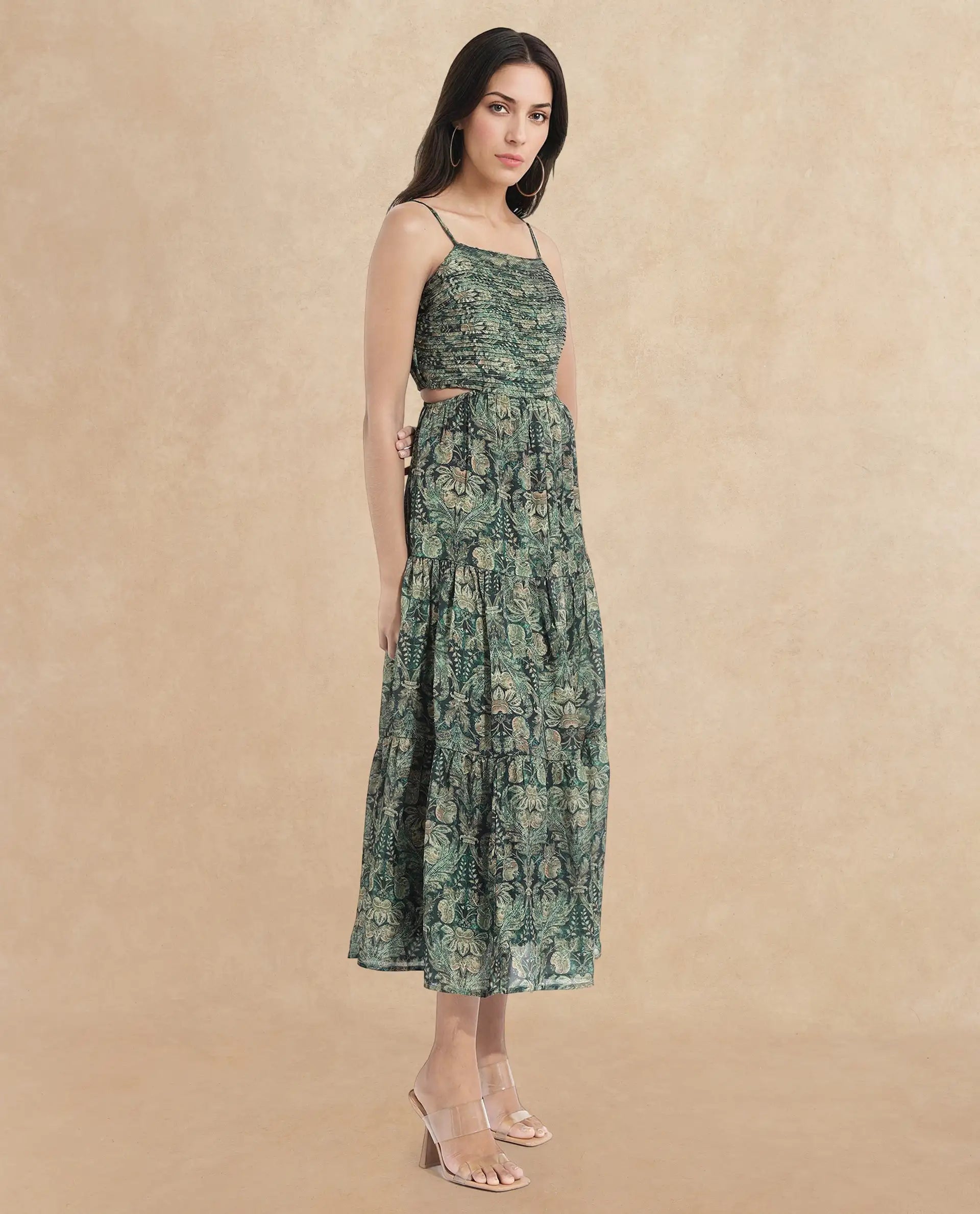 Rareism Women's Melvin Dark Green Polyester Shoulder Strap Floral Print Shoulder Strap Maxi Fit And Flare Dress