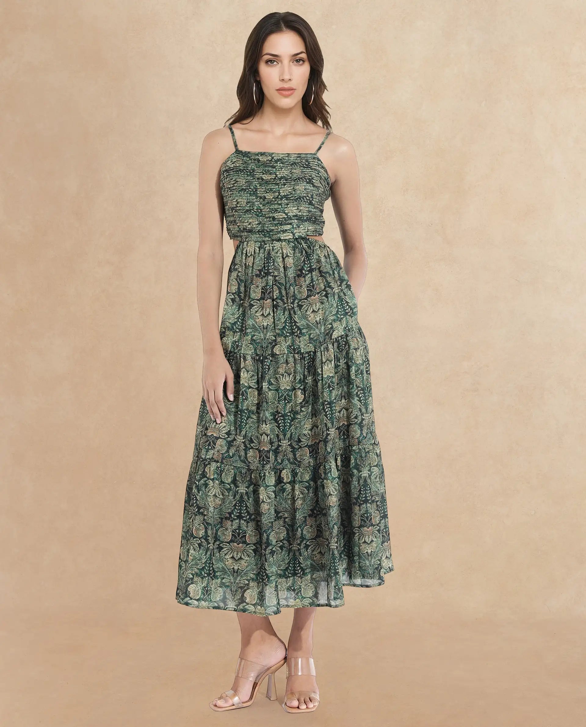 Rareism Women's Melvin Dark Green Polyester Shoulder Strap Floral Print Shoulder Strap Maxi Fit And Flare Dress