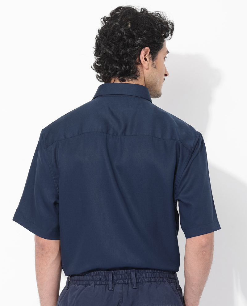Rare Rabbit Mens Memo SS Navy Tencel Fabric Short Sleeve Boxy Fit Solid Twill Shirt