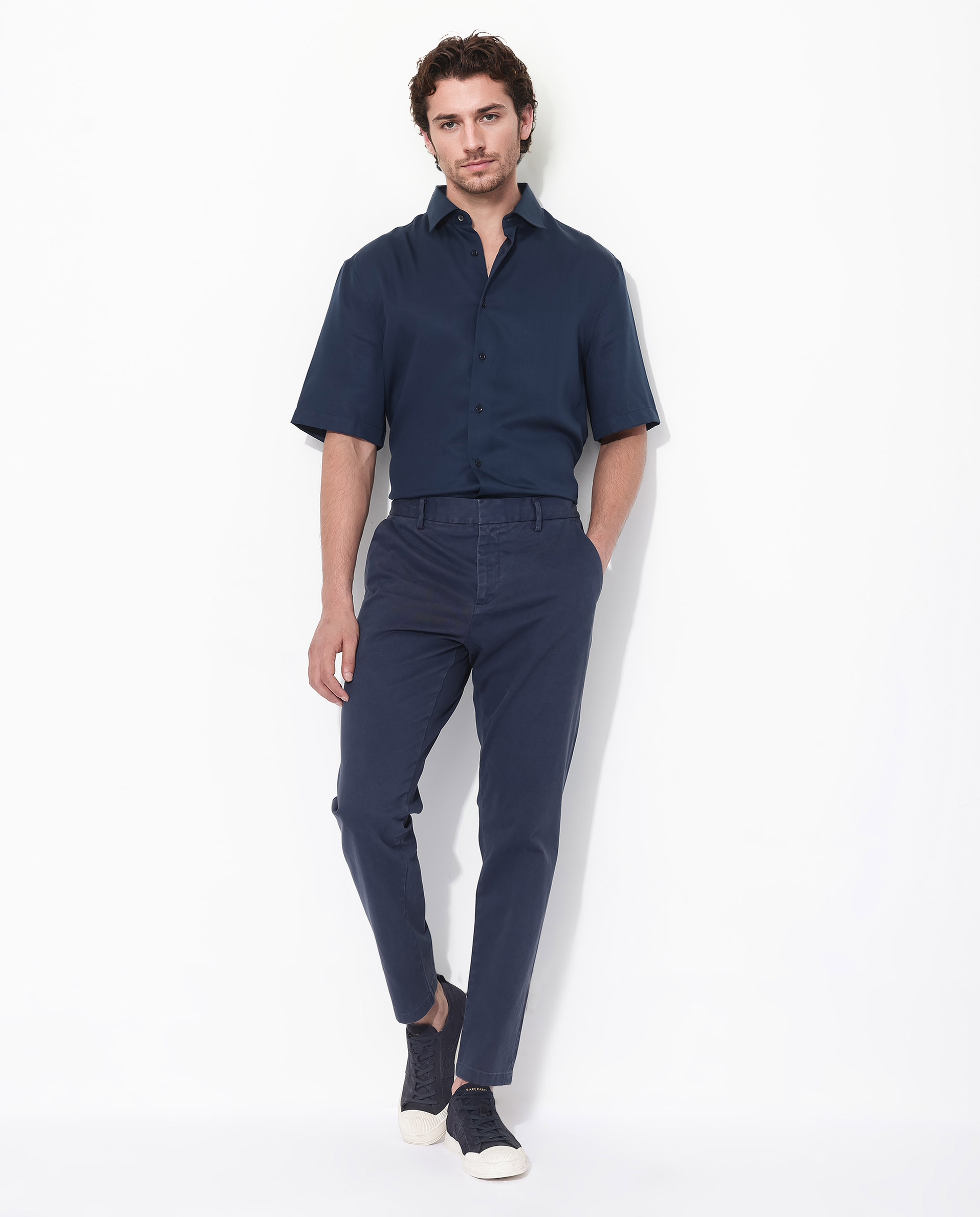 Rare Rabbit Mens Memo SS Navy Tencel Fabric Short Sleeve Boxy Fit Solid Twill Shirt