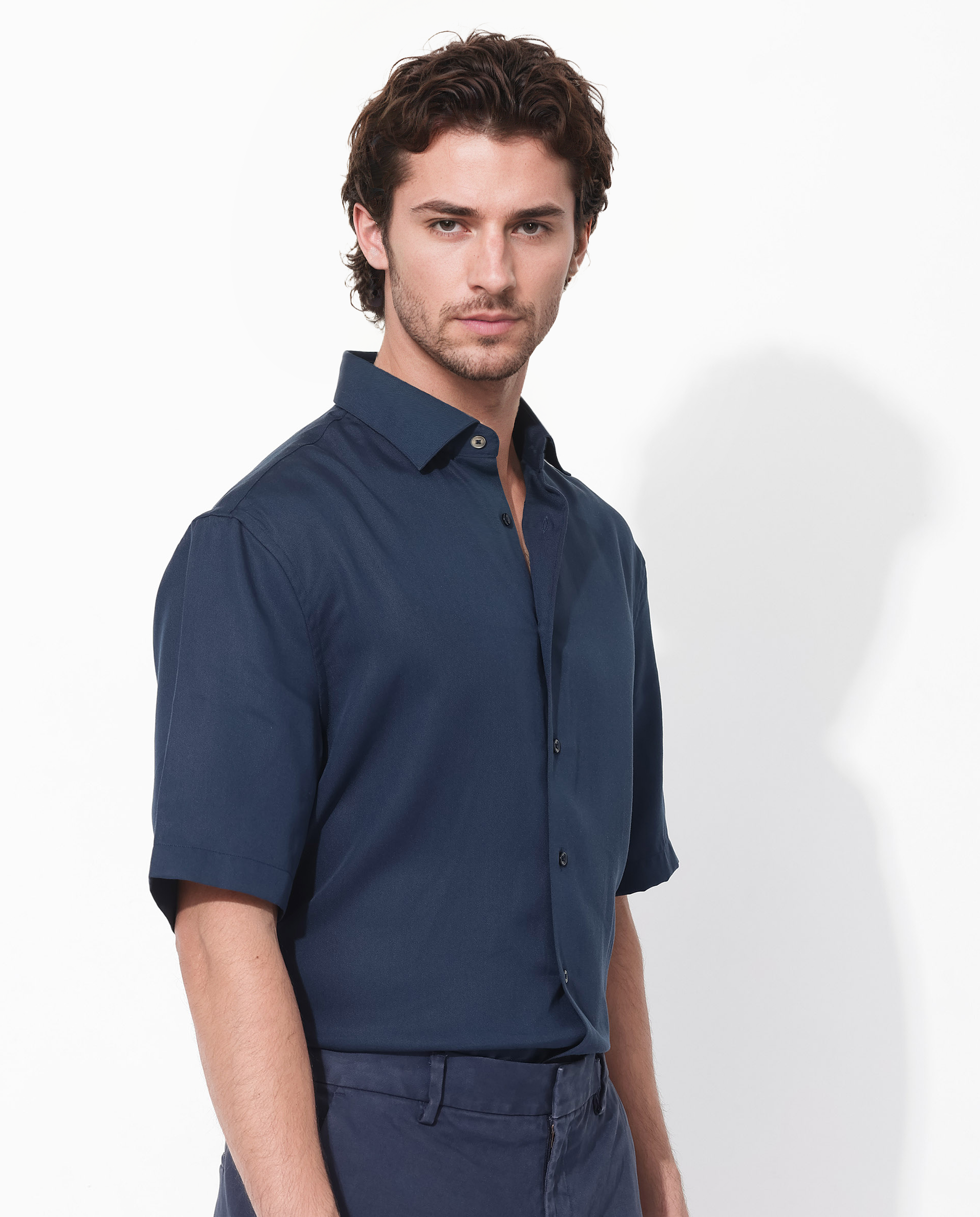 Rare Rabbit Mens Memo SS Navy Tencel Fabric Short Sleeve Boxy Fit Solid Twill Shirt