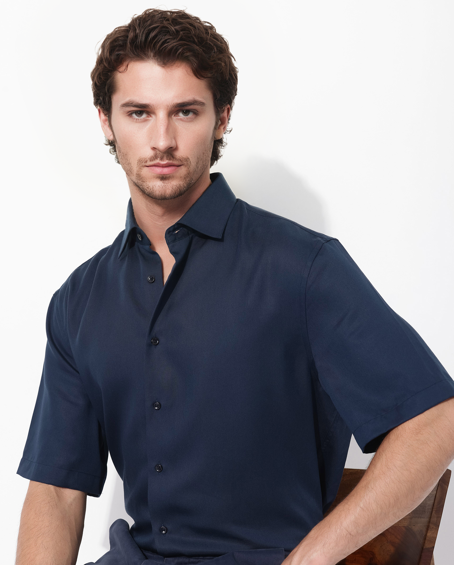 Rare Rabbit Mens Memo SS Navy Tencel Fabric Short Sleeve Boxy Fit Solid Twill Shirt