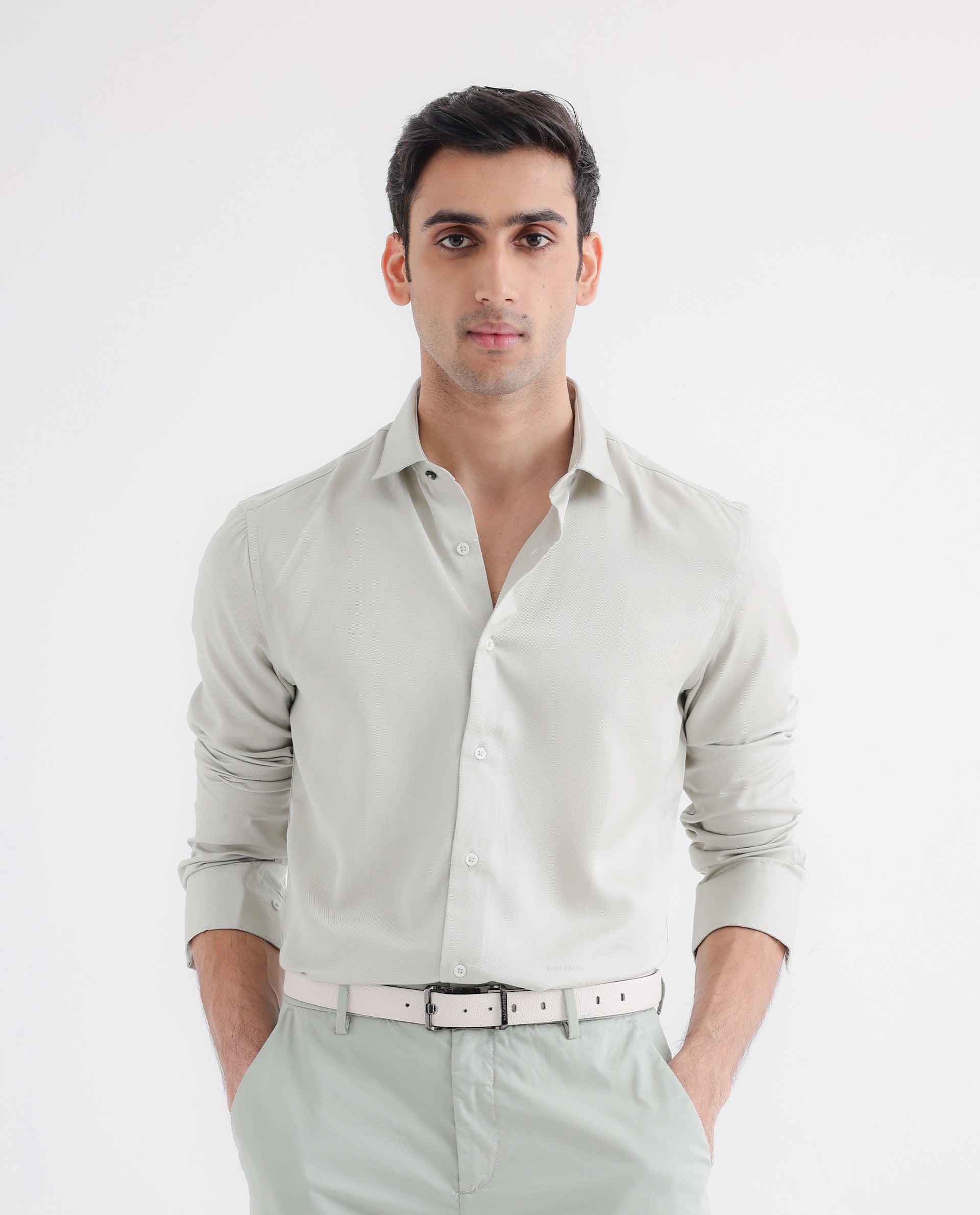 Rare Rabbit Mens Memo LS Pastel Green Tencel Fabric Full Sleeve Regular Fit Solid Twill Shirt