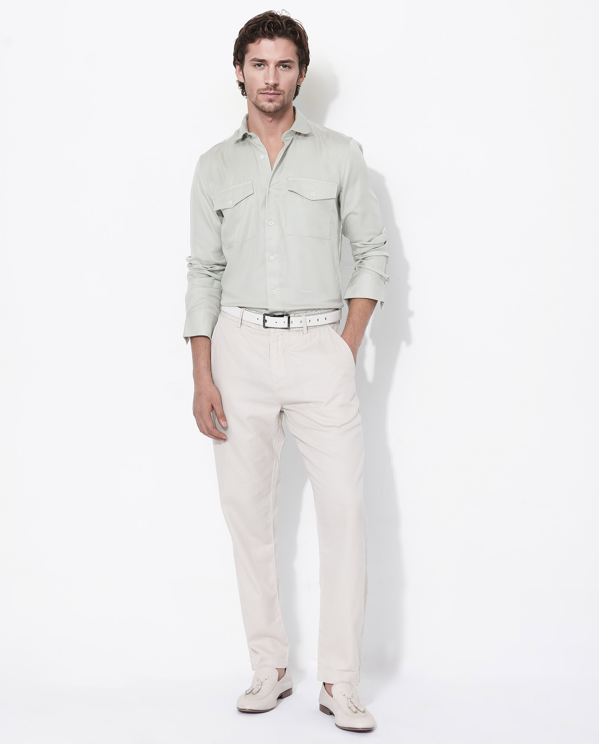 Rare Rabbit Mens Memop LS Pastel Green Tencel Fabric Full Sleeve Solid Twill Shirt