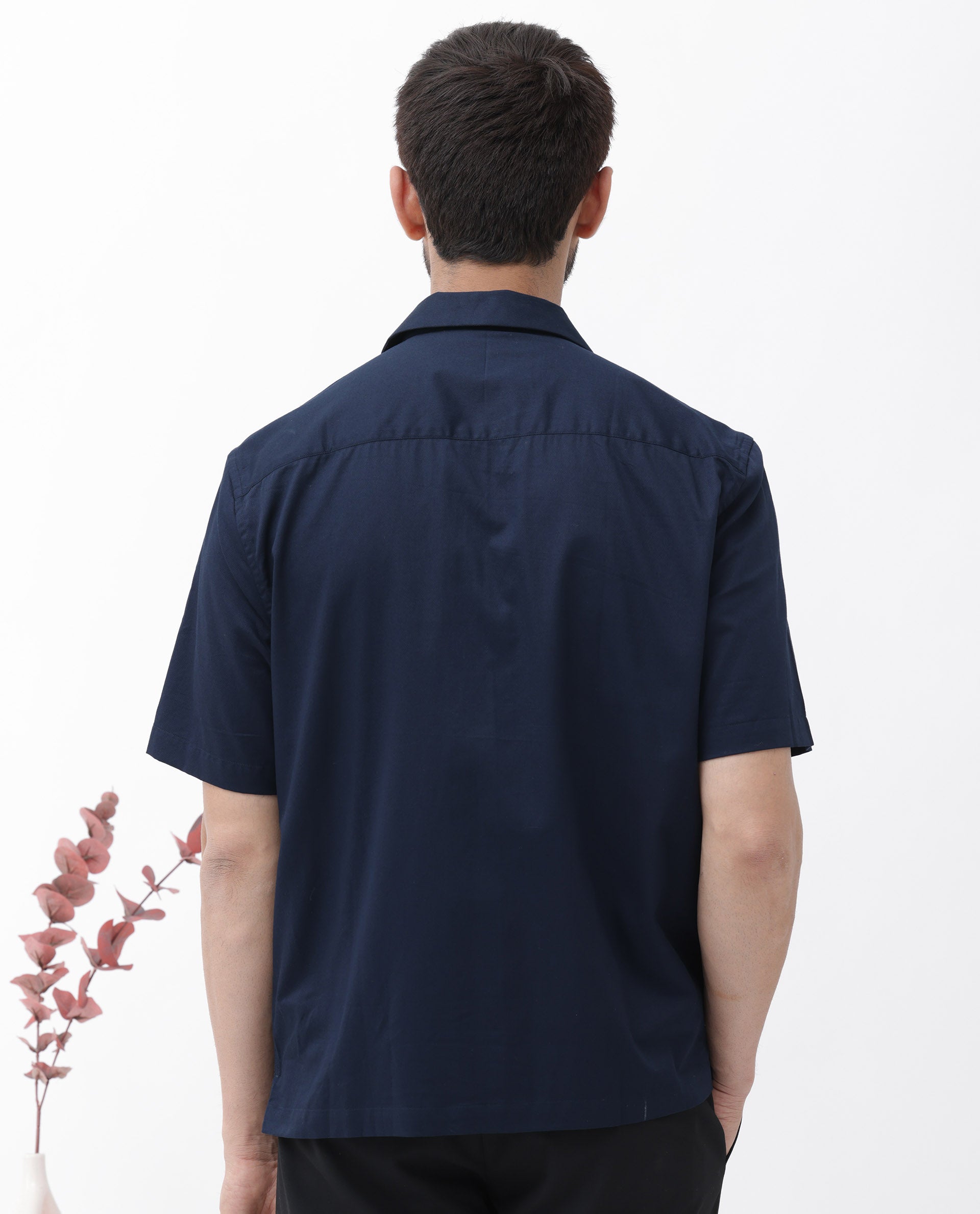 Rare Rabbit Men's Memop SS Navy Tencel Fabric Half Sleeves Cuban Collar Boxy Fit Solid Twill Shirt