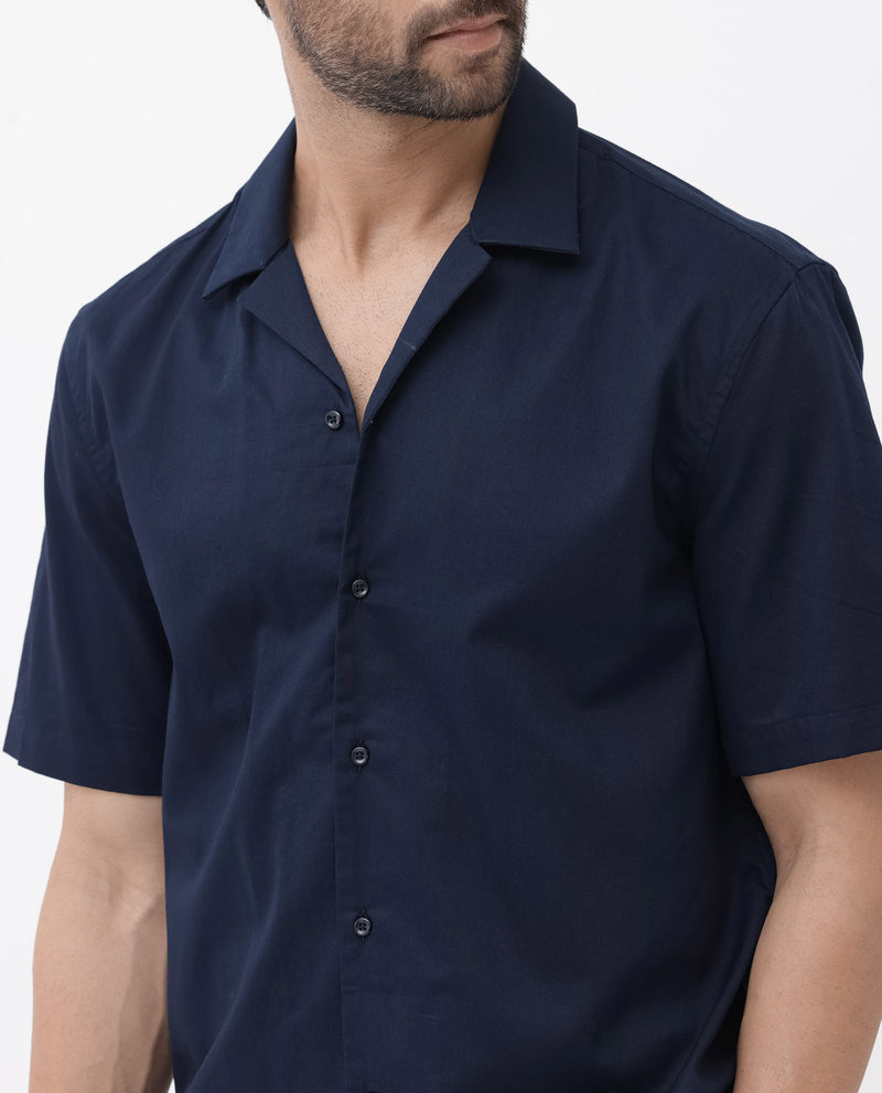 Rare Rabbit Men's Memop SS Navy Tencel Fabric Half Sleeves Cuban Collar Solid Twill Shirt